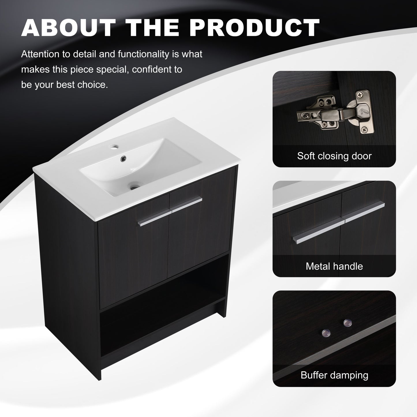 Modern Freestanding 30" Bathroom Vanity With Ceramic Sink, Soft Closing Doors Cabinet - Dark Oak