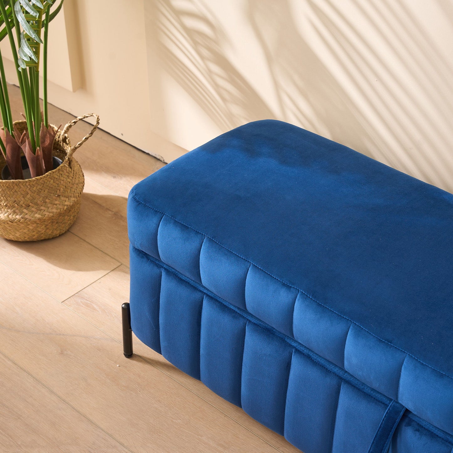 Wide Upholstered Velvet Storage Soft Bench Footstool Ottoman End Of Bed With Metal Legs, Foot Rest For Living Room, Entryway And Bedroom - Black / Navy