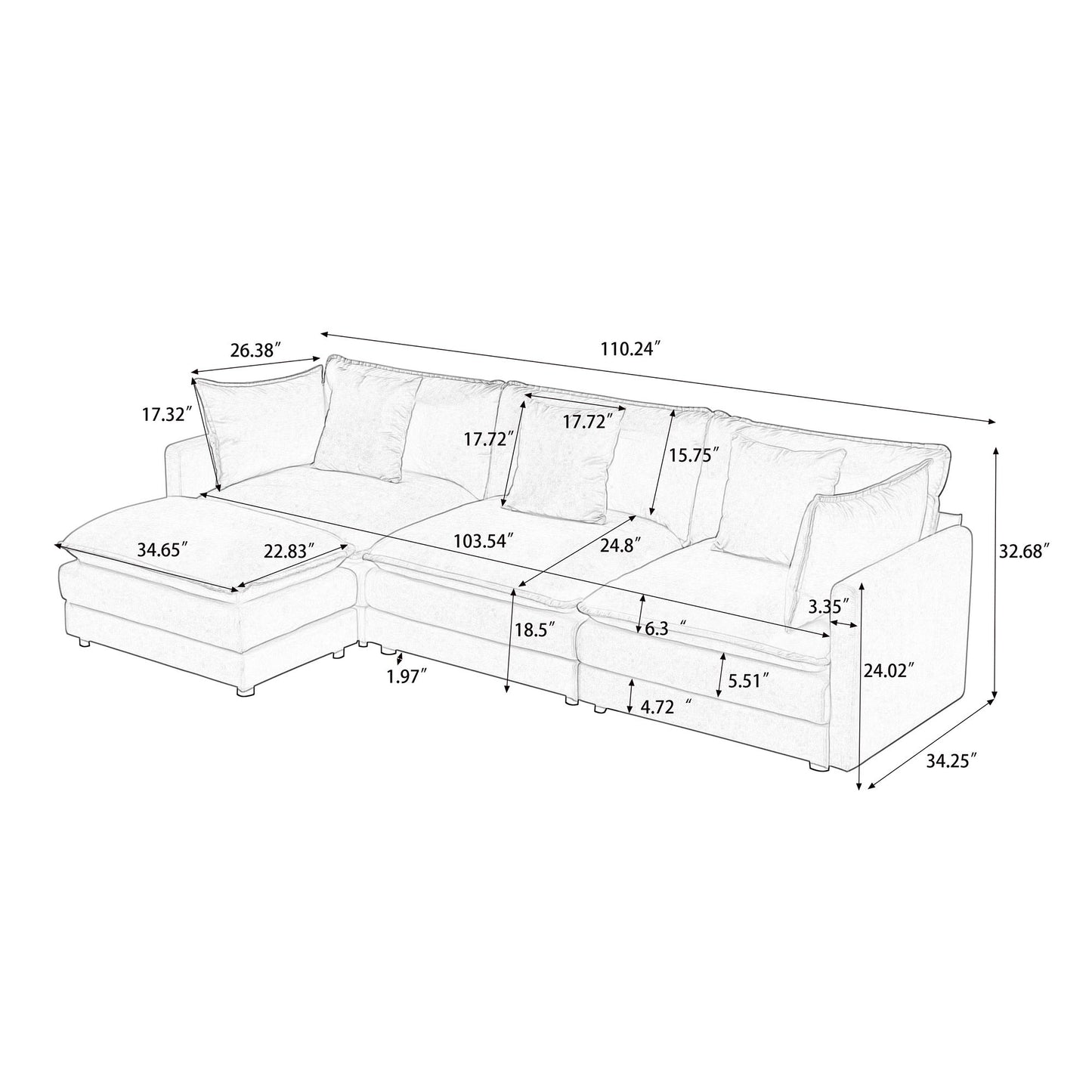 Modular Ottoman - Style Deep Seat Chenille Sofa With Cushions - Off White