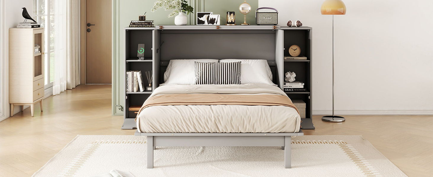 Full Size Murphy Bed With Shelves, Drawers And USB Ports - Gray