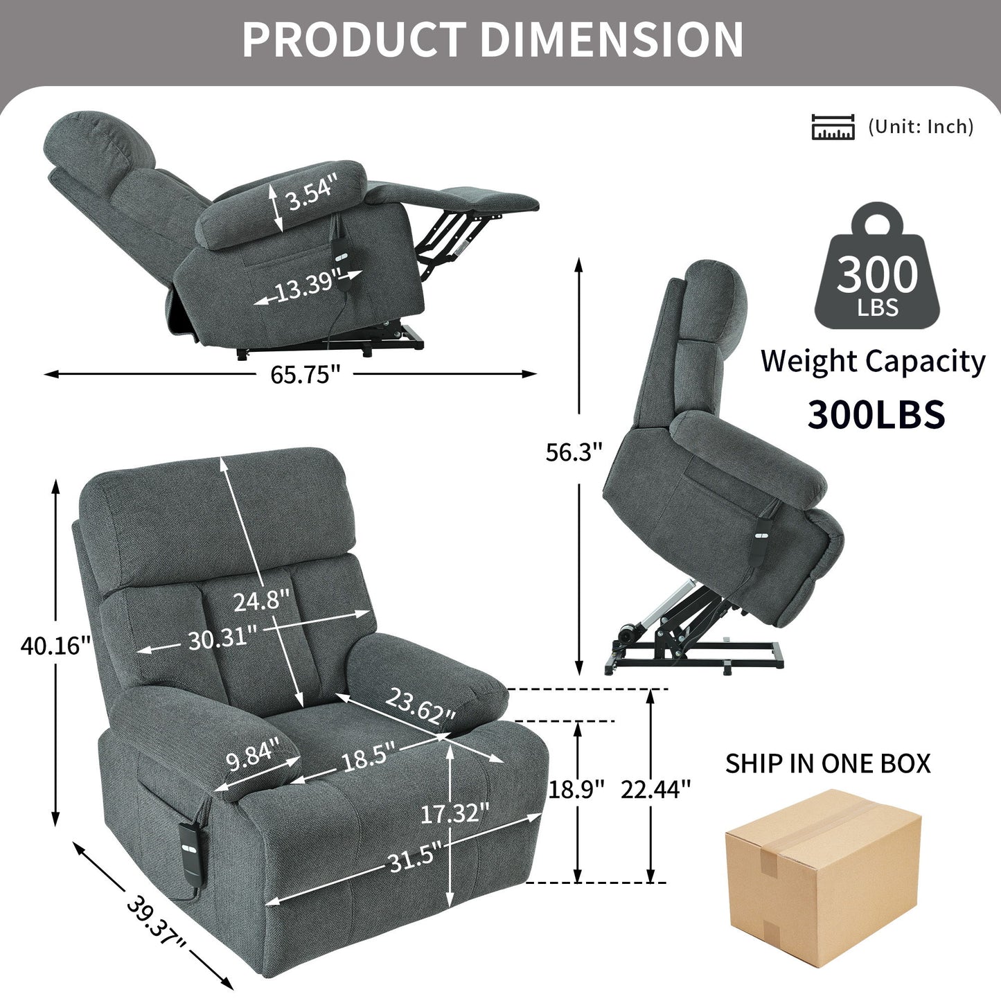 Oversized Power Lift Recliner Chair, Electric Fabric Recliner Chair, Home Theater Seating, Reclining Sofa Chair With Remote Control, Side Pocket, Spacious Seat - Dark Gray