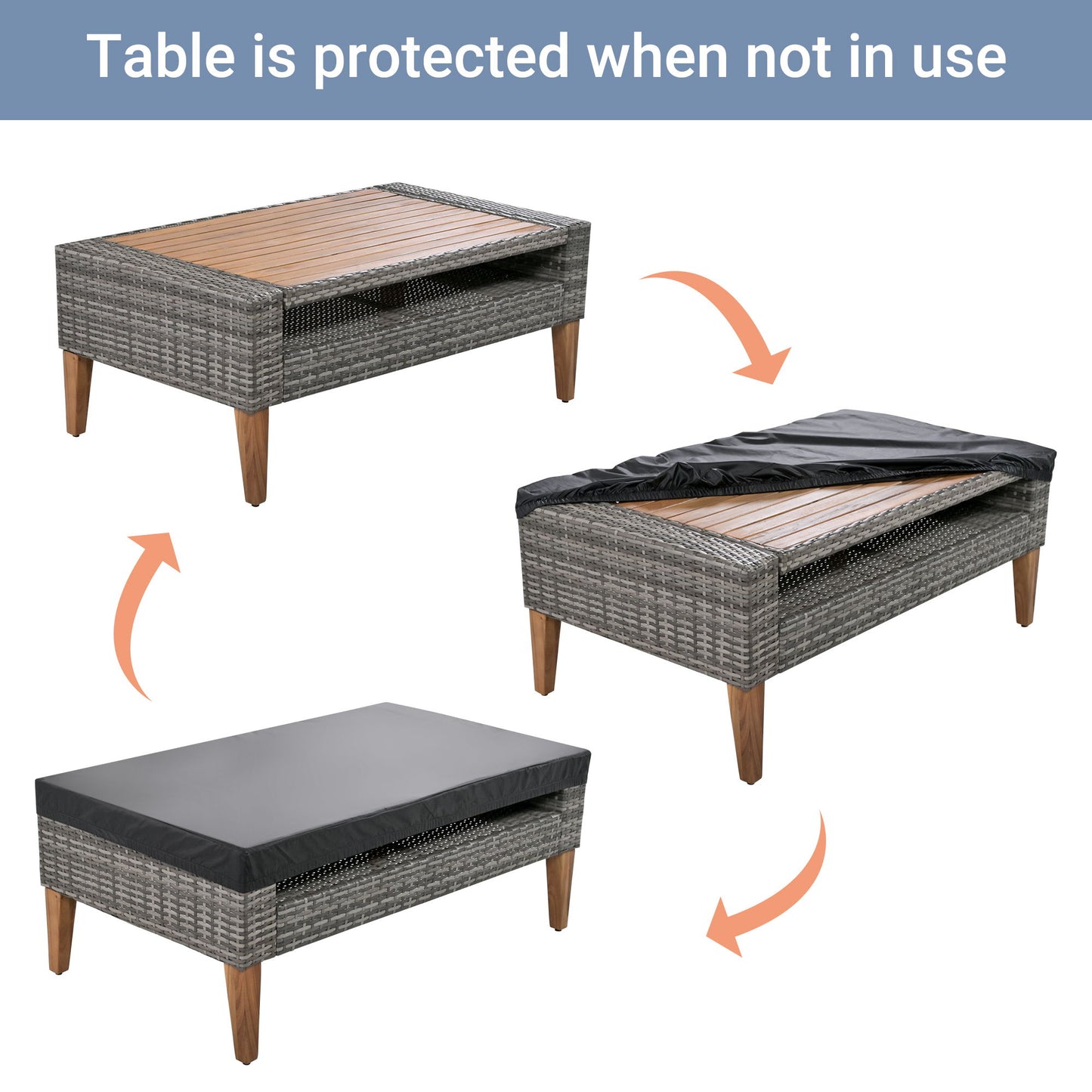 6 Pieces All Weather Sofa Set, Outdoor Rattan Sofa With Double Cushions, Wood Legs Wood Table Top - Beige / Gray