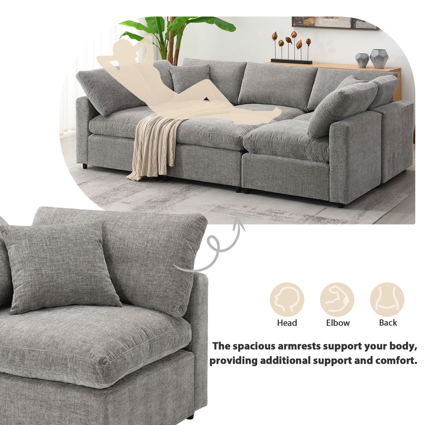 Modern Modular Cloud Sofa Bed, 6 Seat Chenille Sectional Couch Set With Ottoman, Free Combination, Convertible U Shaped Sleeper Sofa - Gray