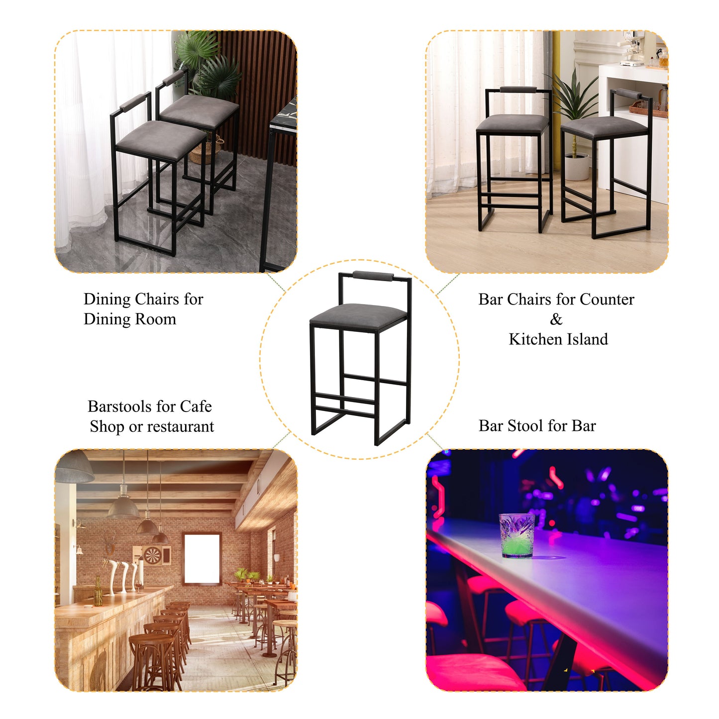 Modern Armless Metal Legs Kitchen Island Stools With Back Upholstered Chairs 2 Piece Set - Gray