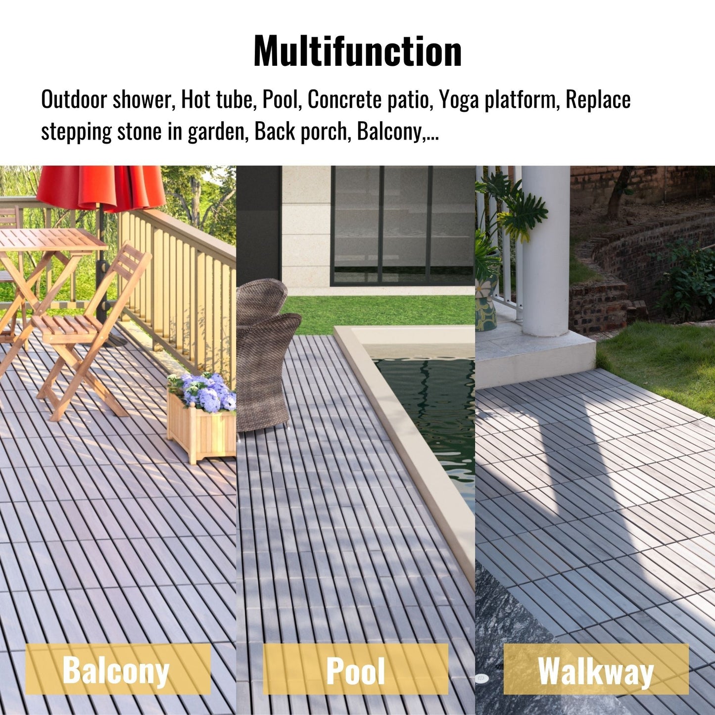 10 Piece Interlocking Deck Tiles Striped Pattern, Square Acacia Hardwood Outdoor Flooring For Patio, Bancony, Pool Side - Light Gray