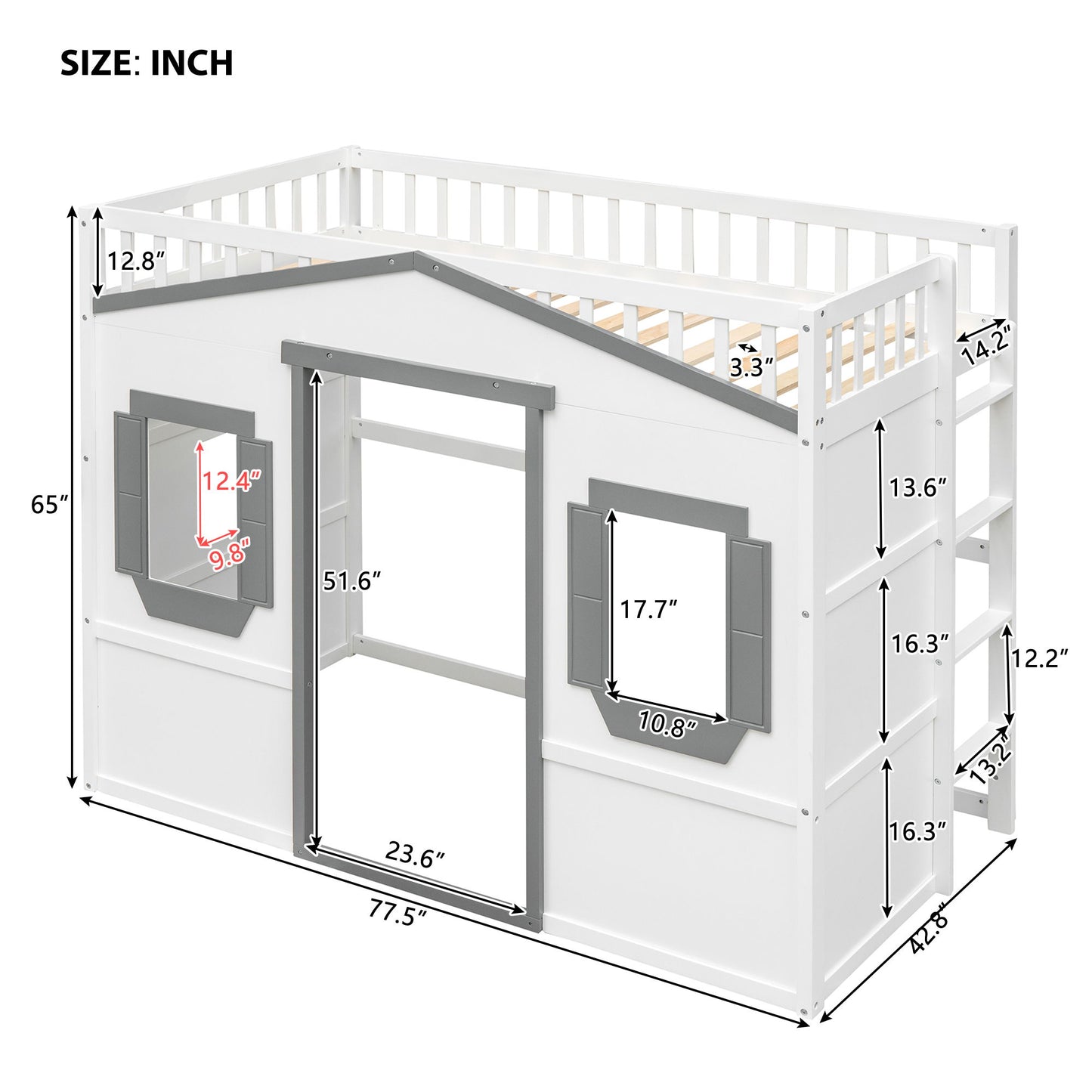 Twin Size House Loft Bed With Ladder - White / Gray