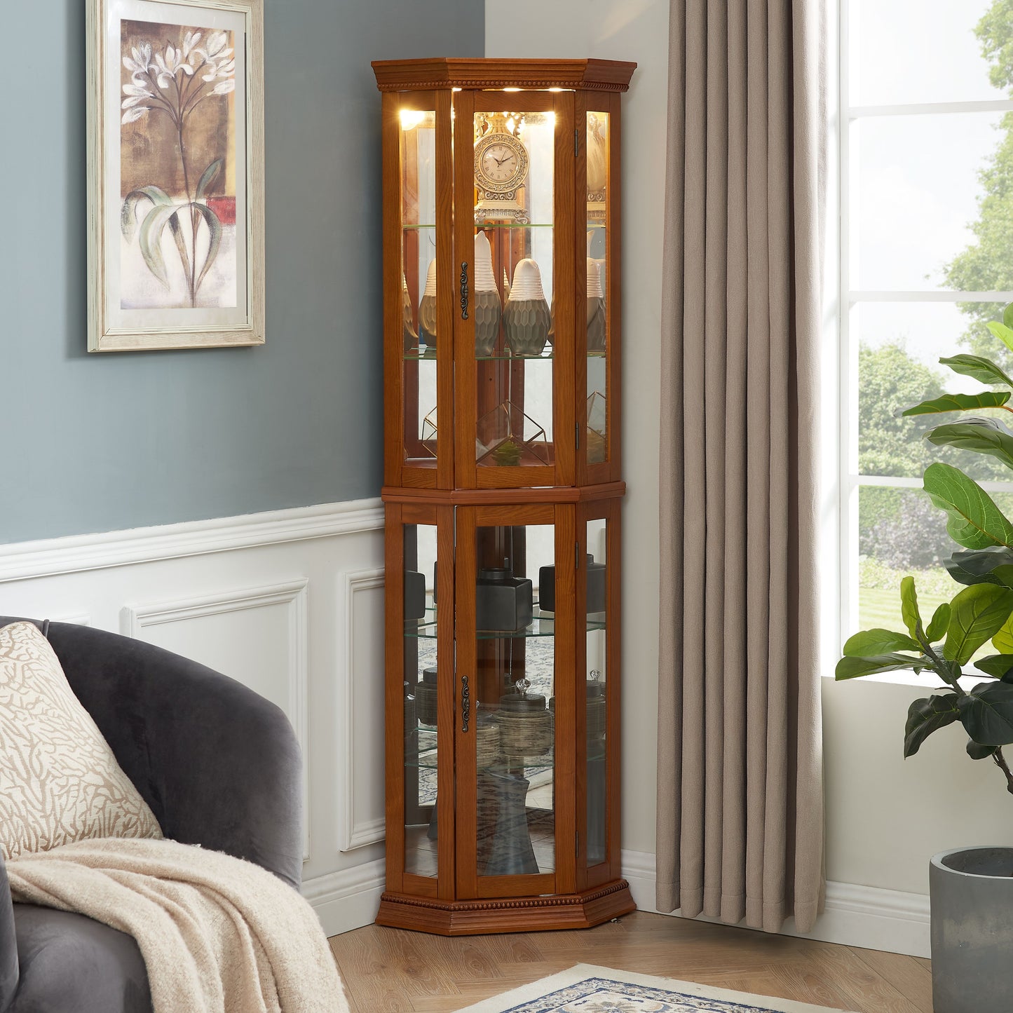 Corner Curio Cabinet With Lights, Adjustable Tempered Glass Shelves, Mirrored Back, Display Cabinet (E26 Light Bulb Not Included) - Oak