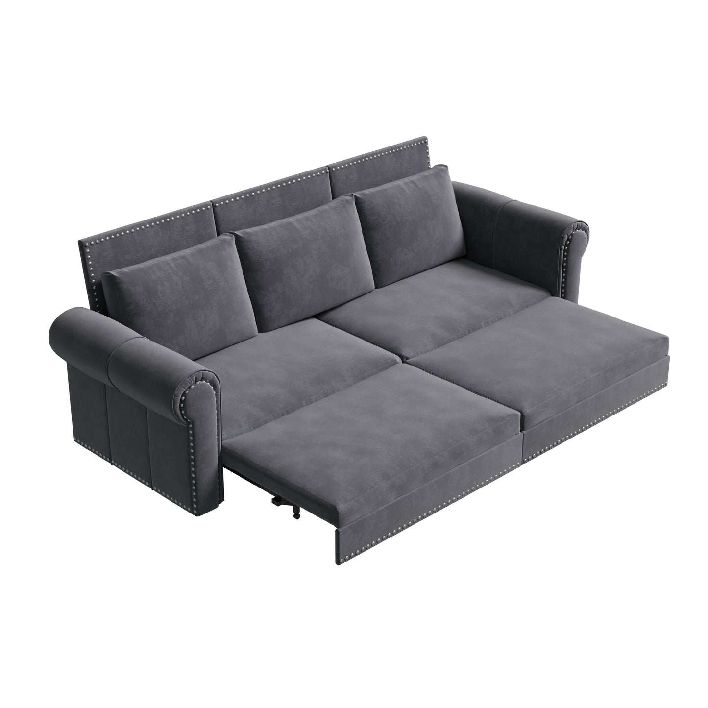King Pull Out Sofa Bed, Chesterfield Sofa, 3 In 1 Velvet Convertible Sleeper Sofa With Nailhead Trim & Rolled Arm Multifunctional Sofa Bed For Living Room - Gray