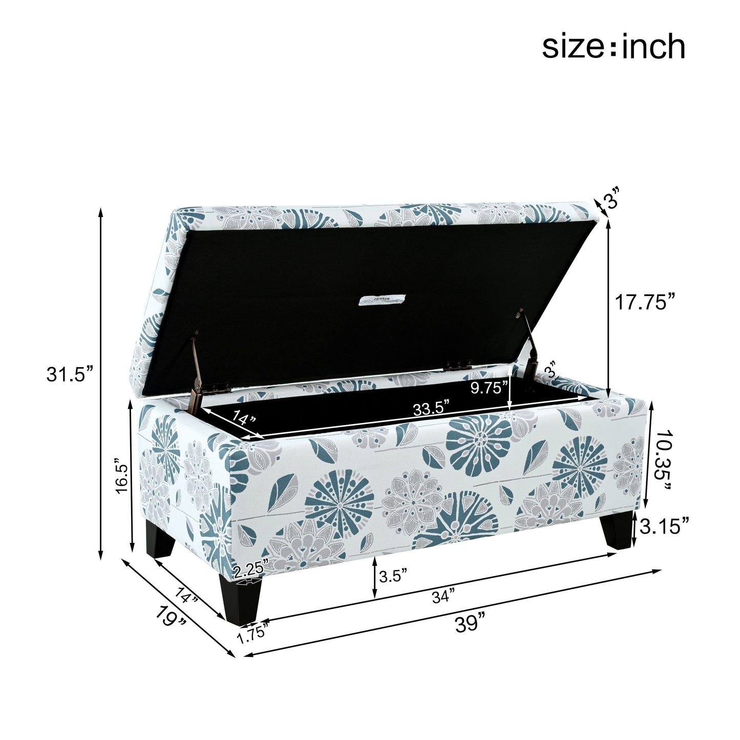 Luxury Storage Ottoman With Floral Patterned Fabric, Soft Close Hinges, Functional Footrest & Seat - Multicolor
