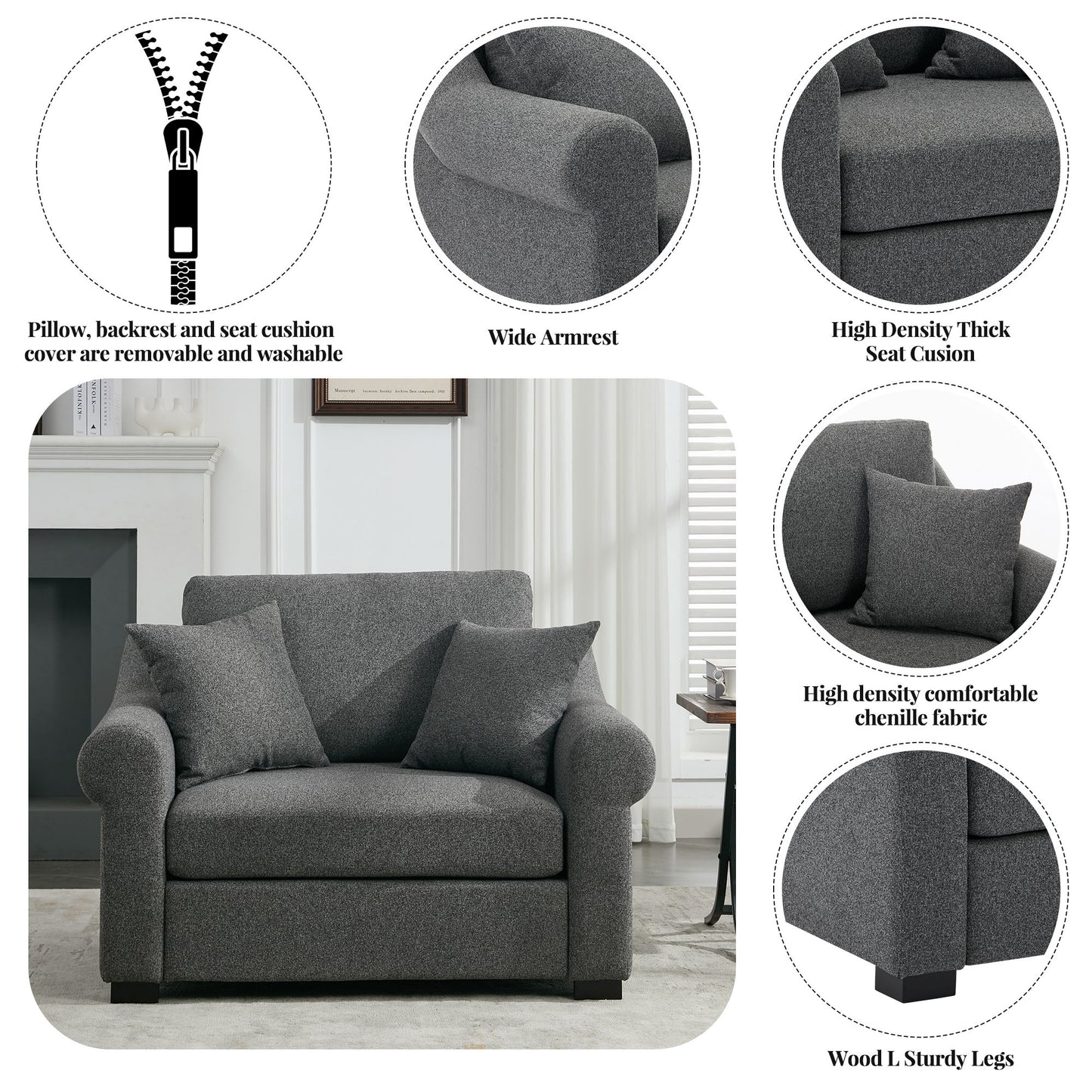 Modern Chenille Oversized Armchair, Chair And A Half, Single Sofa For Bedroom, Living Room, Wide - Gray