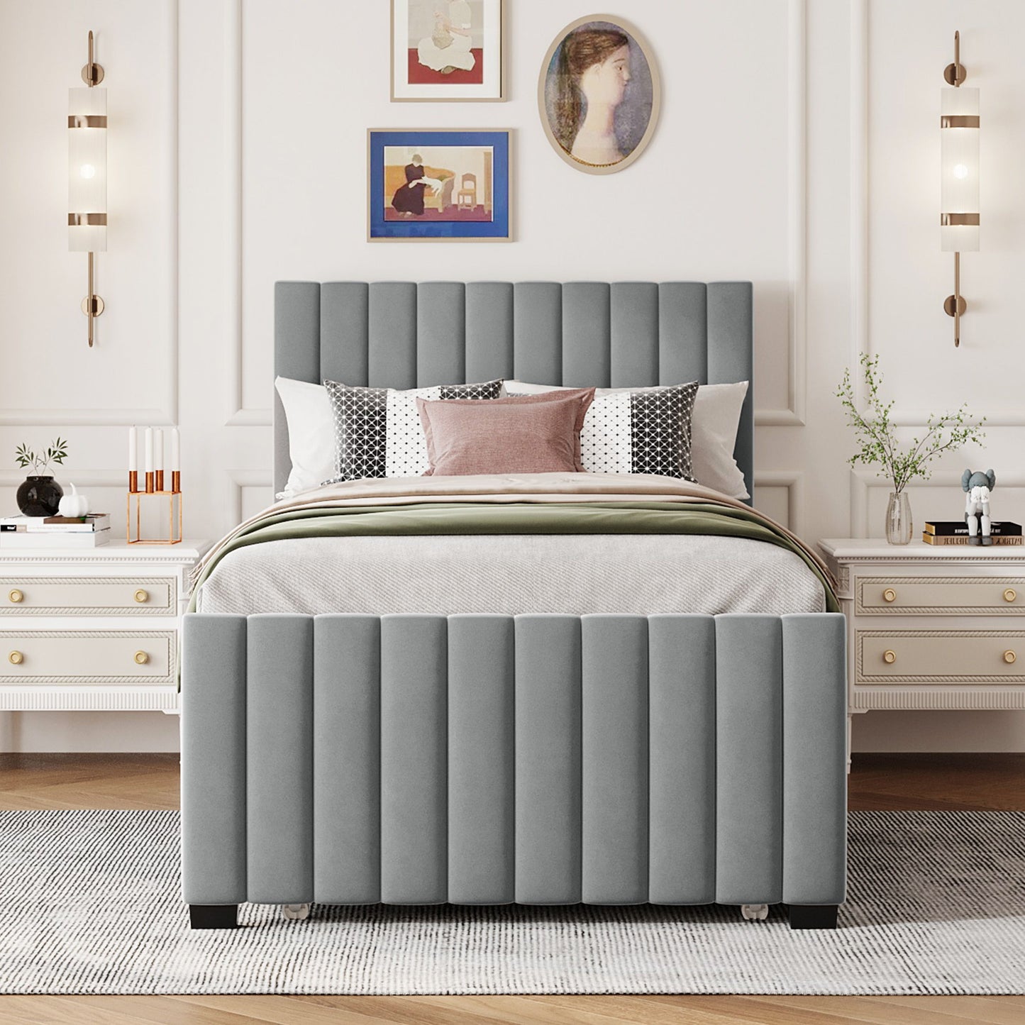 Twin Size Upholstered Platform Bed With Twin Size Trundle - Gray