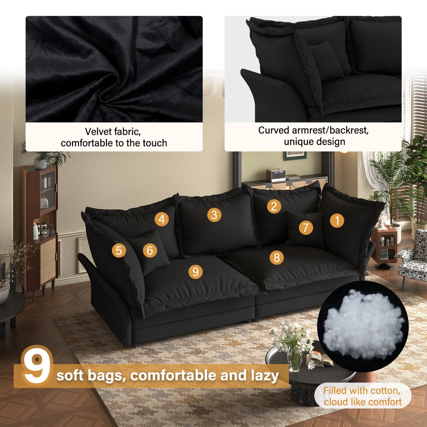 Modern Comfy Upholstered Sofa Cloud Couch, Deep Seat Couches With Multiple Large Soft Pillows, Convertible Deep Seat Chaise Longue For Living Room - Black