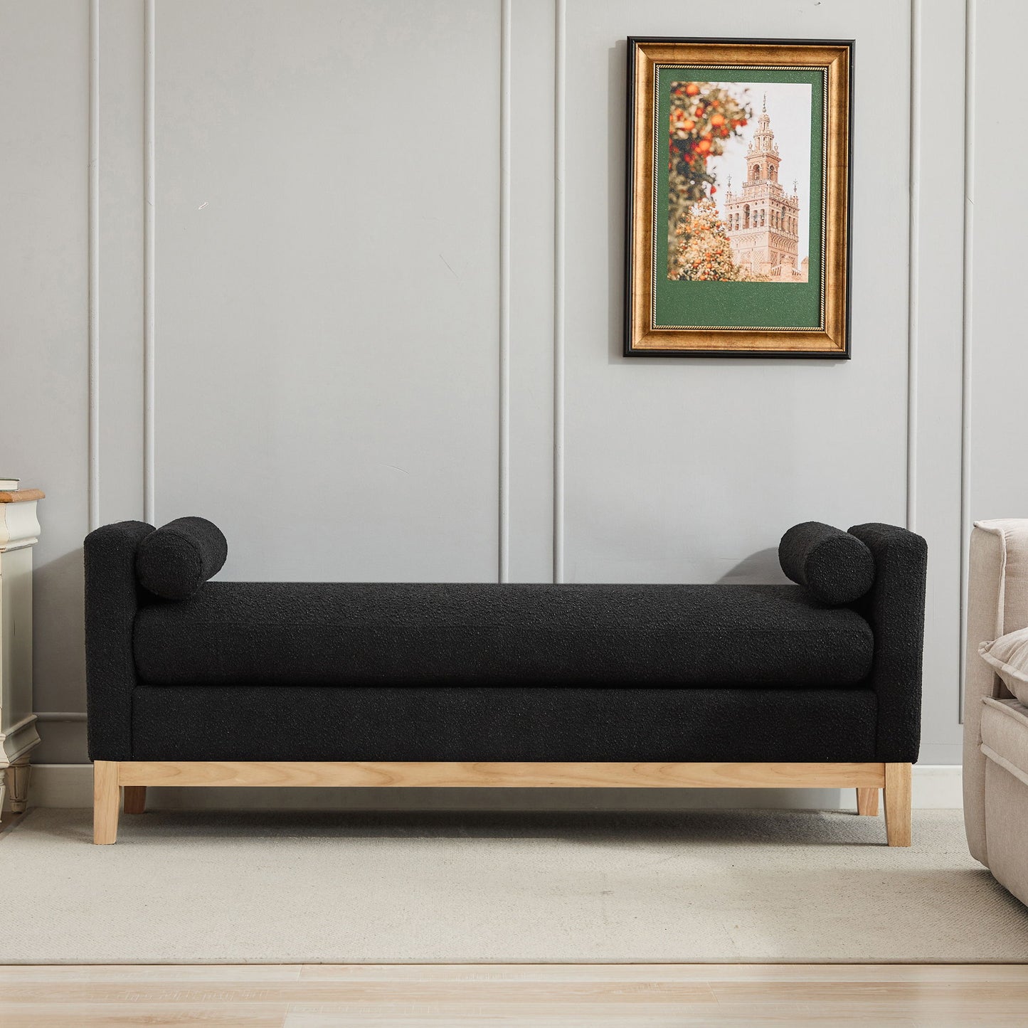Elegant Upholstered Bench Daybed Ottoman With Nature Wood Legs & Bolster Pillows - Black Boucle