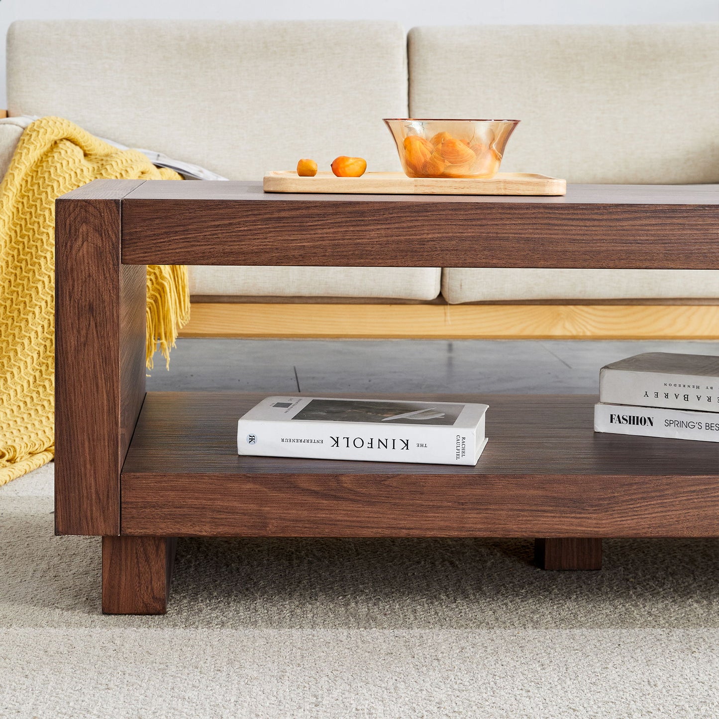 Modern Minimalist Rectangular Coffee Table Measuring Embodies The Simple Charm Of Mid Century Aesthetics, Adding A Touch Of Elegance To Your Living Room - Walnut