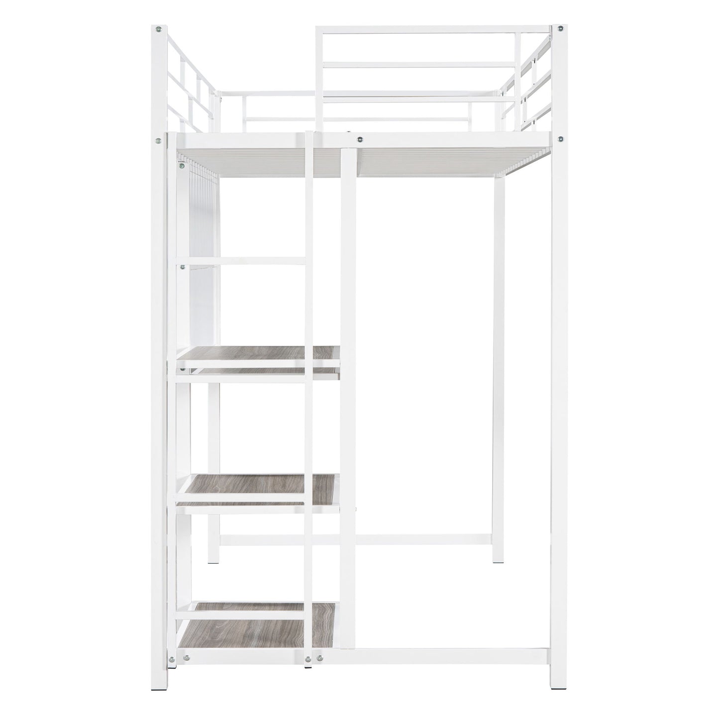 Twin Size Loft Bed With Desk And Whiteboard, Loft Bed With 3 Shelves And Ladder - White