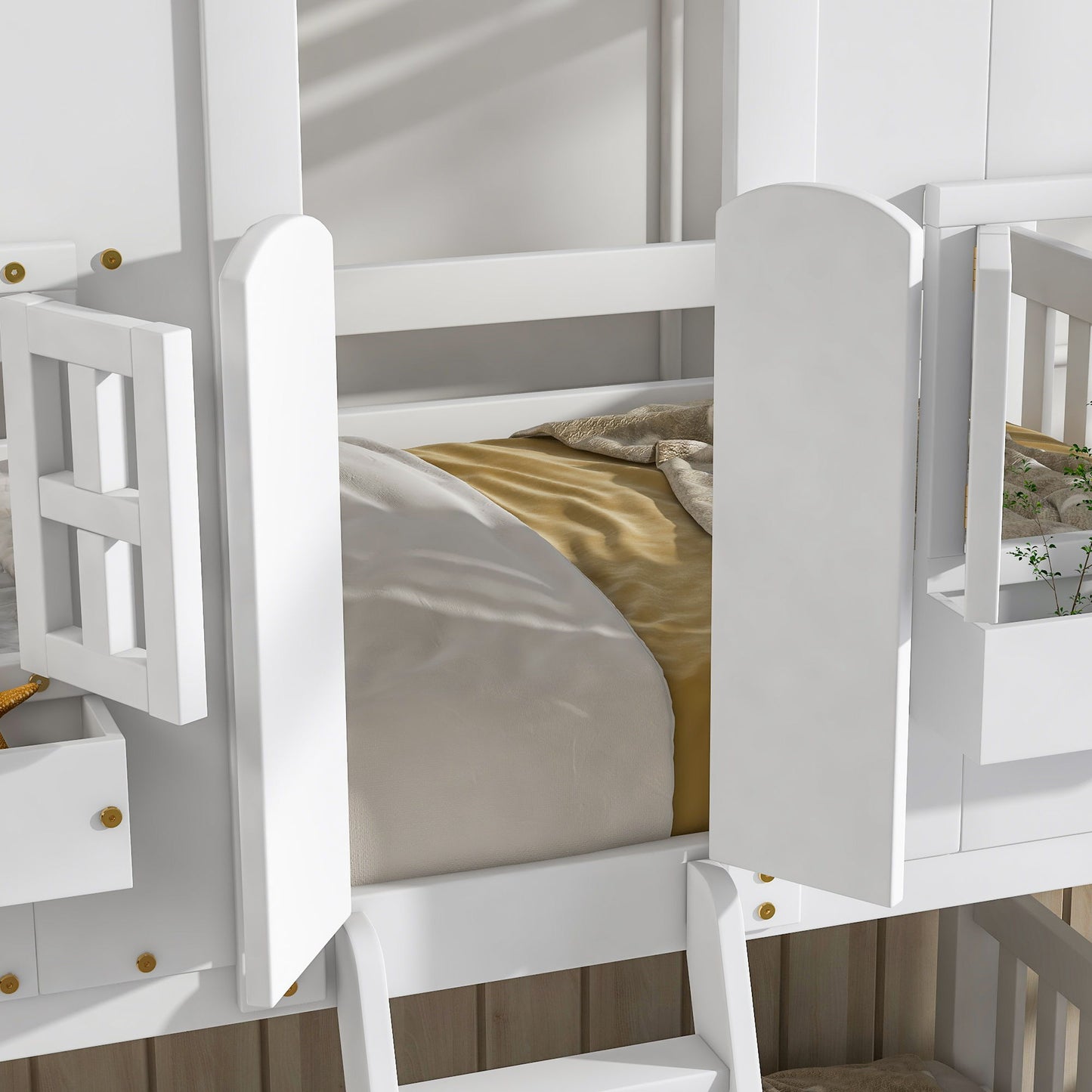 Twin Over Twin House Bunk Bed With Roof, Window, Window Box, Door, With Safety Guardrails And Ladder - White