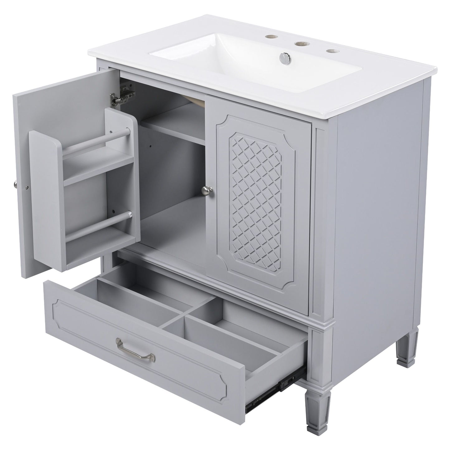 Vintage Style 30" Bathroom Vanity With Sink, Multi Functional Storage, Soft Closing Door - Gray