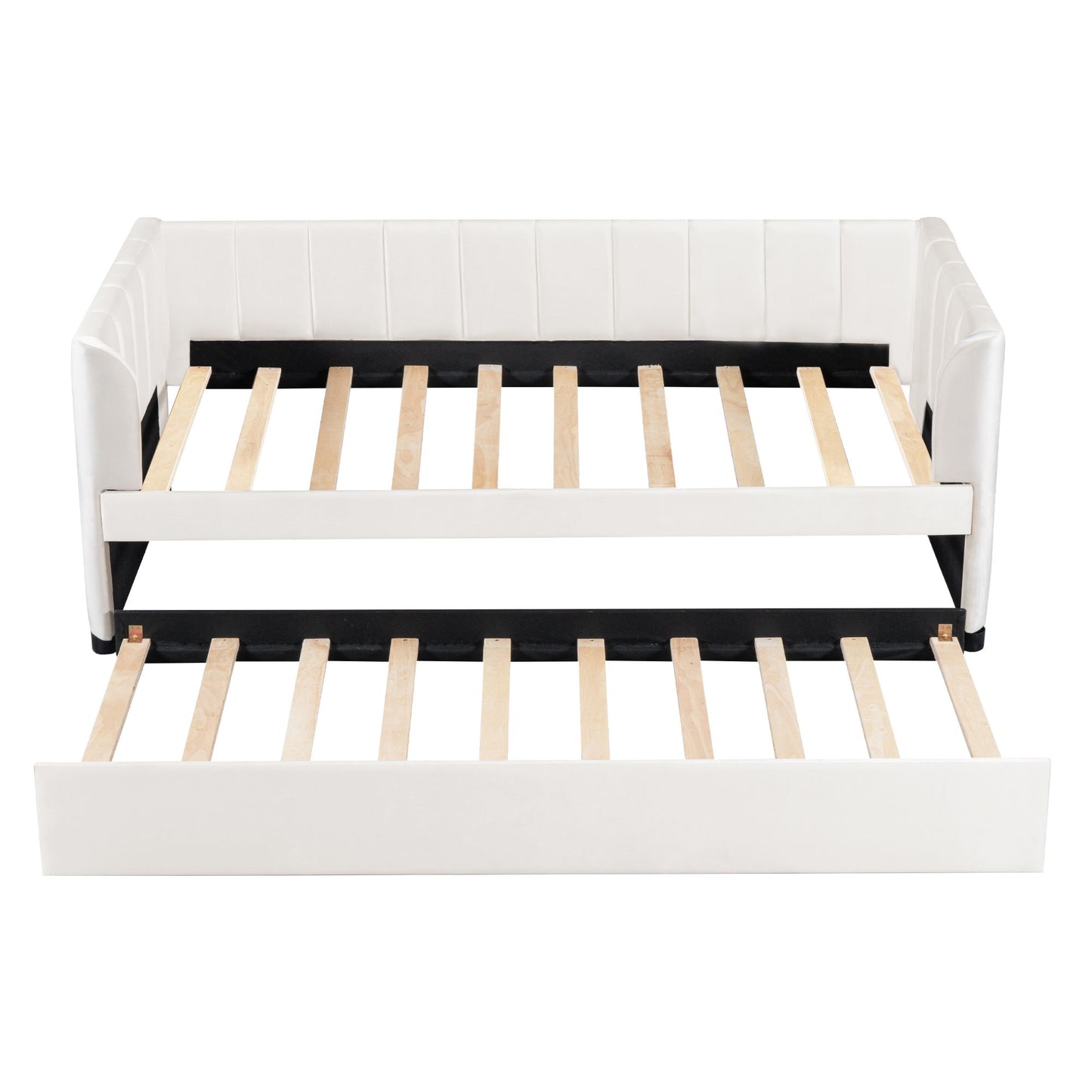 Twin Size Upholstered Daybed With Ergonomic Design Backrest And Trundle - Beige