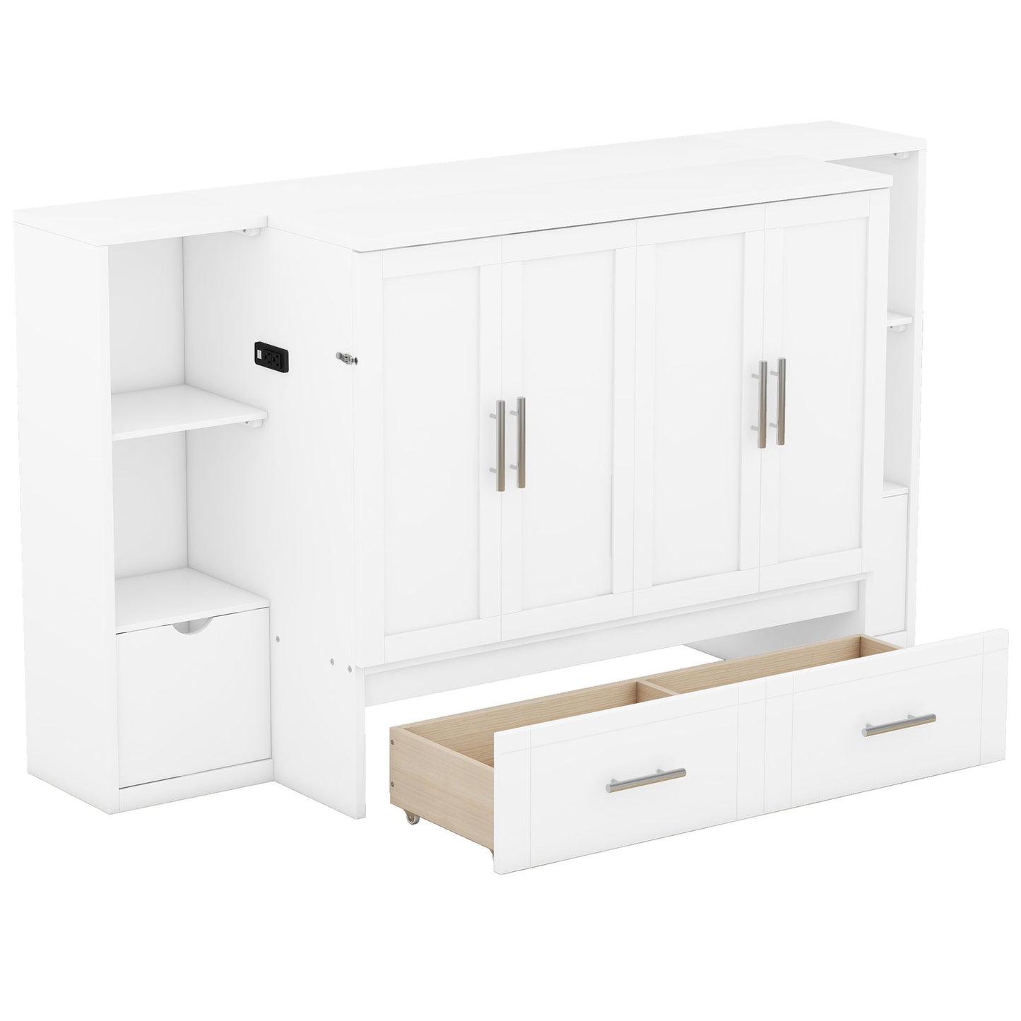 Queen Size Murphy Bed With Shelves, Drawers And USB Ports - White
