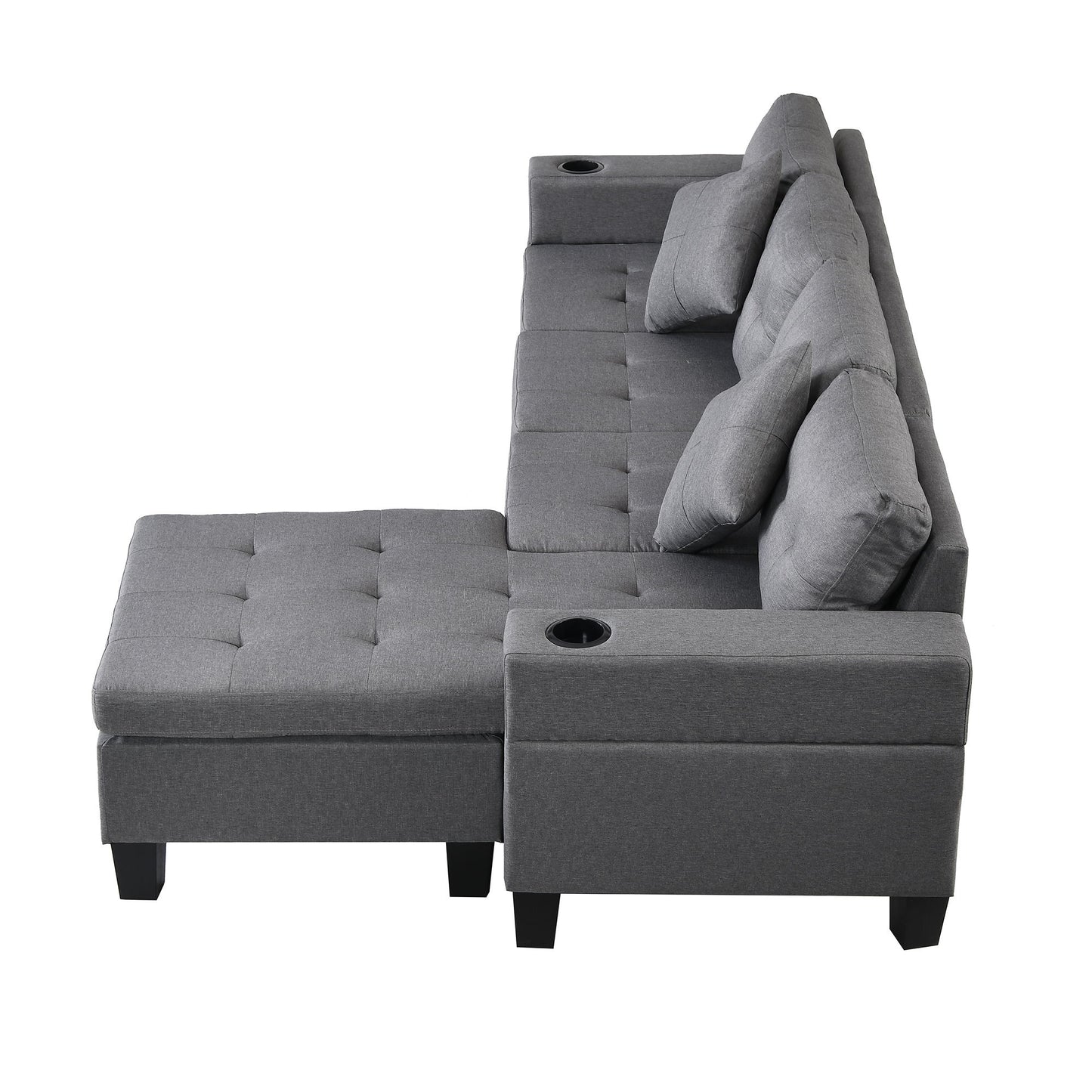 Sectional Sofa Set For Living Room With L Shape Chaise Lounge, Cup Holder And Left Or Right Hand Chaise Modern 4 Seat - Gray