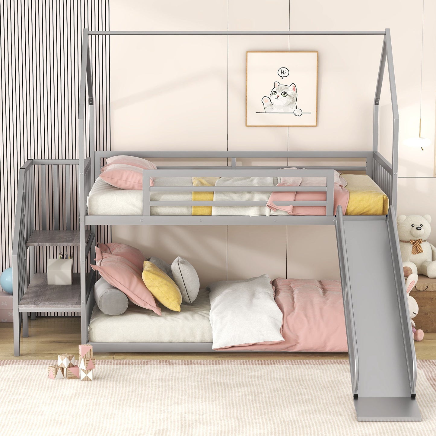 Twin Over Twin Metal Bunk Bed House Bed With Slide And Staircase - Silver