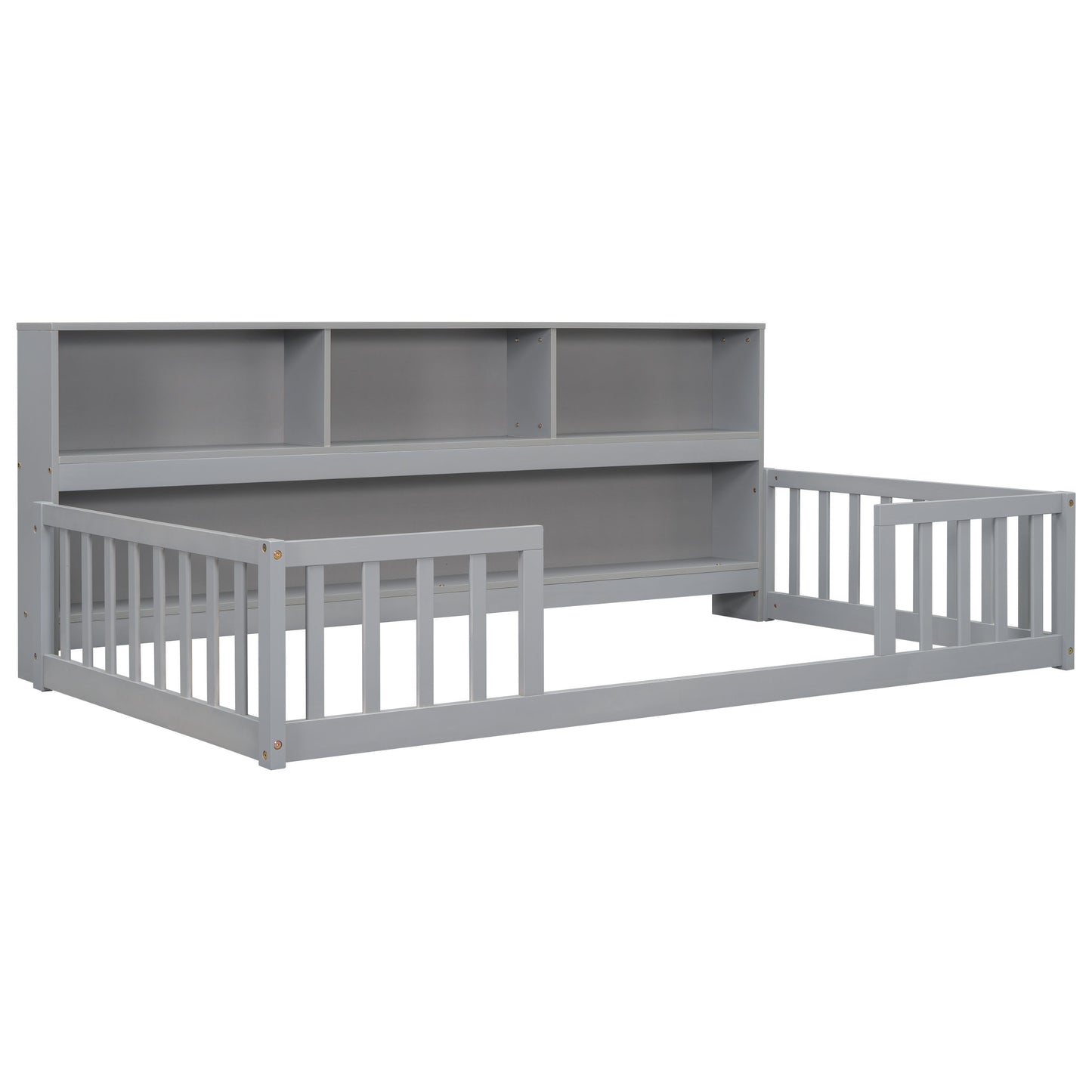 Twin Floor Bed With Bedside Bookcase, Shelves, Guardrails - Gray