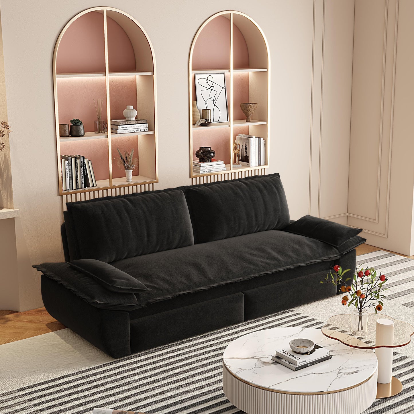 Queen Pull Out Sofa Bed, 3 In 1 Convertible Sleeper Sofa Multifunctional Velvet Loveseat Bed - Black