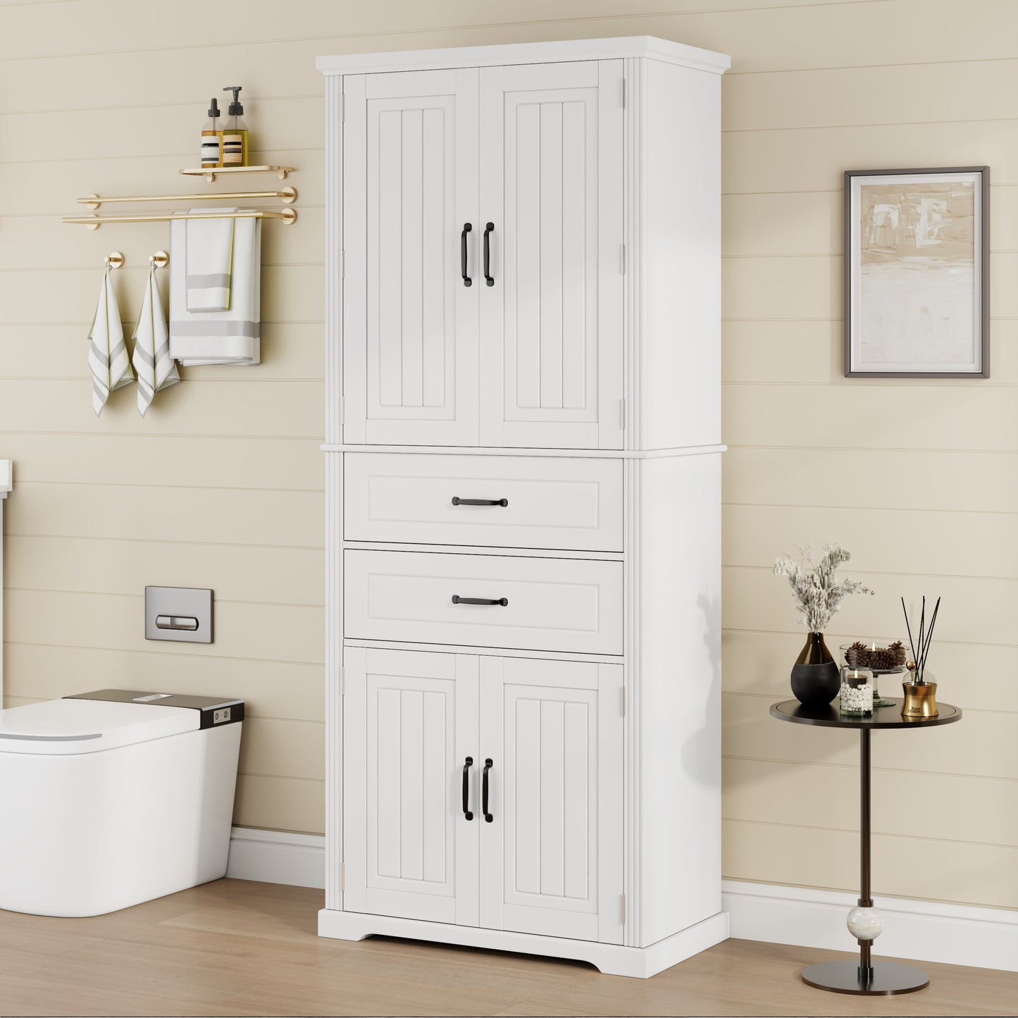 Elegant Multi Functional Storage Cabinet With Slide Rail Drawers, Adjustable Shelves - White