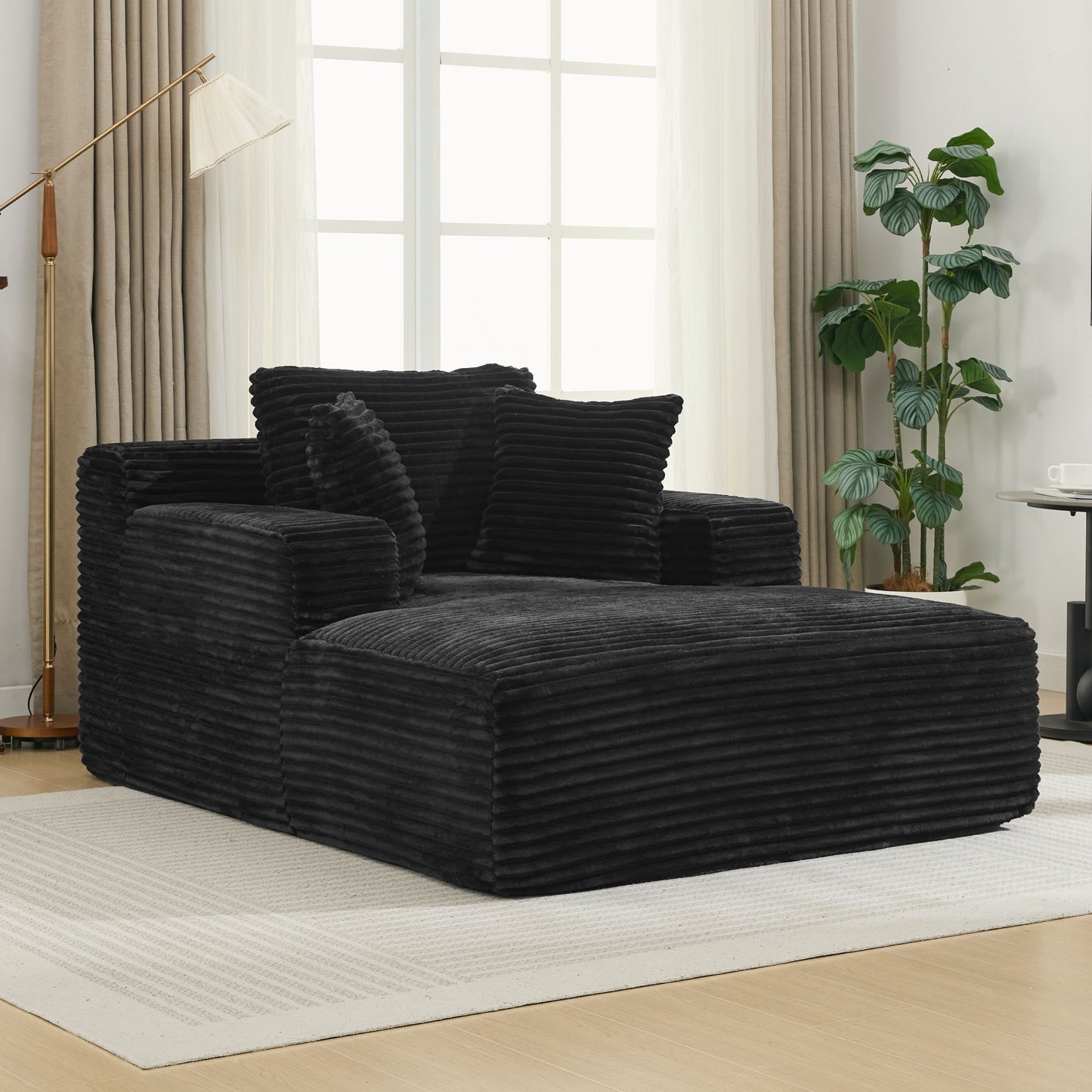 Modern Corduroy Chaise Lounge Sofa Bed With Removable Pillows, Upholstered Sleeper Sofa - Black