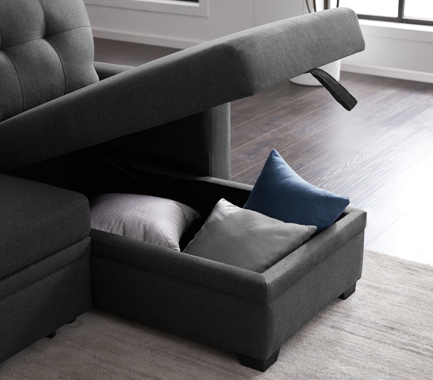 Upholstered Pull Out Sectional Sofa & Chaise - Dark Gray