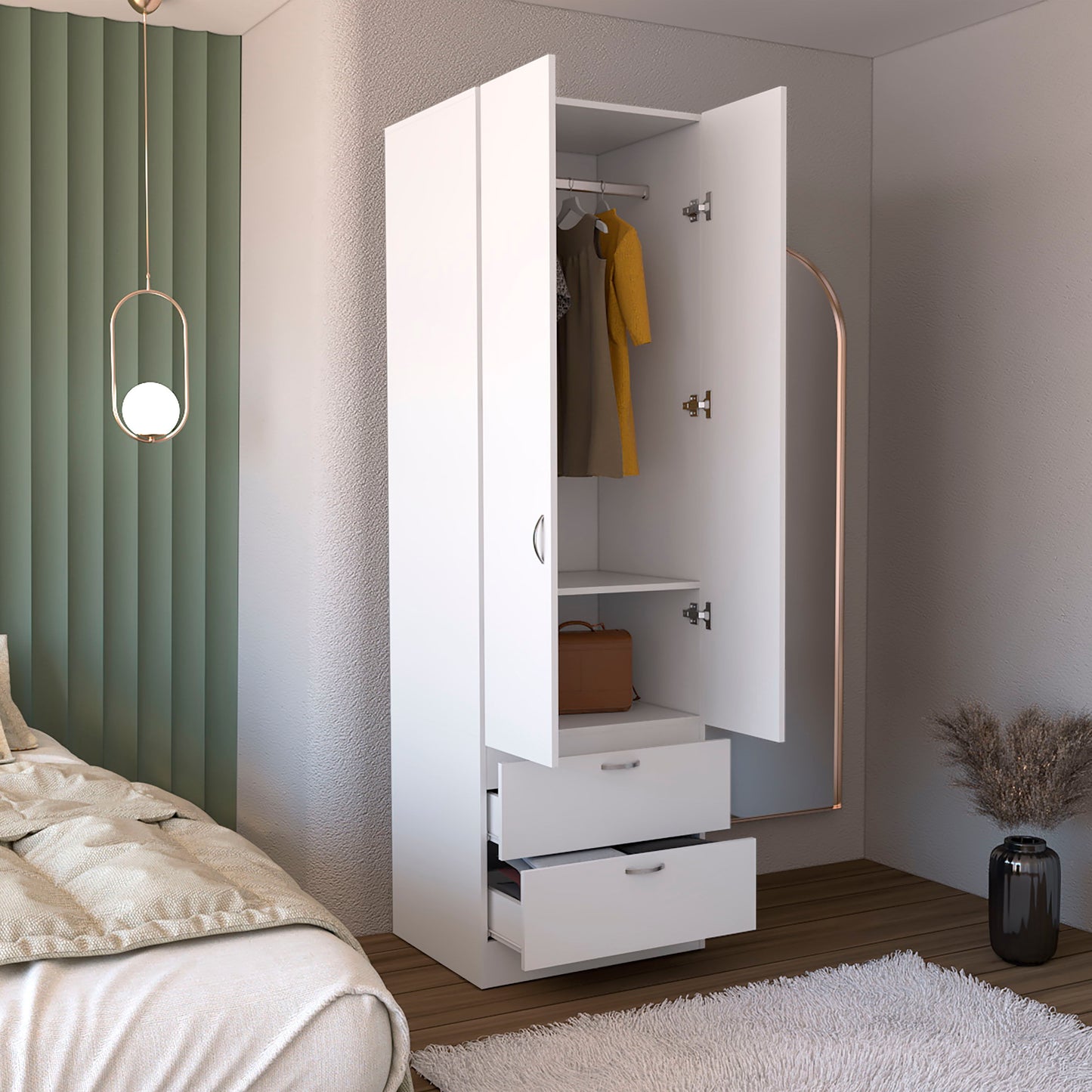 Armoire Wardrove, Hanging Rod, 2 Drawers, 1 Shelf - White