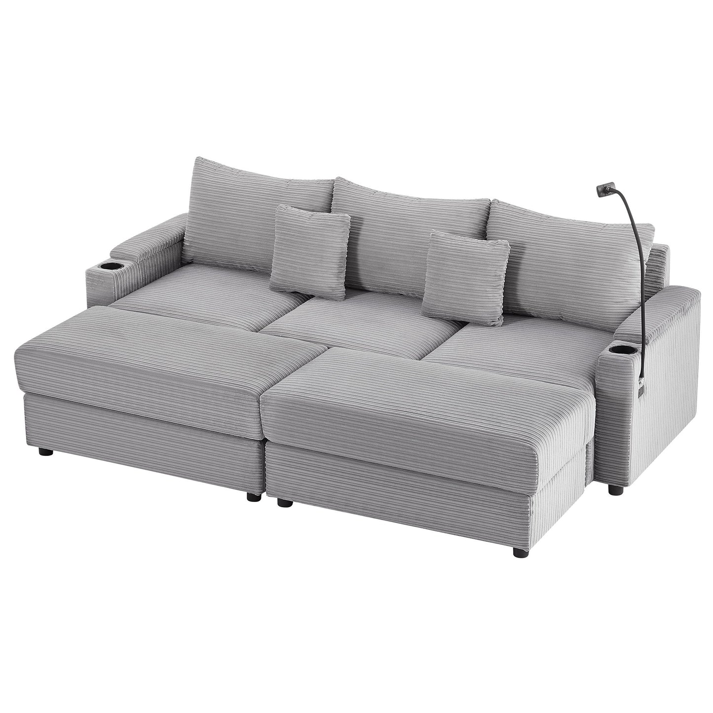 Modern Style 3 - Seater Sofa Sectional Sofa Couch With Storage Space, Two Movable Ottomans, Two USB Ports, Two Cup Holders, A Phone Holder For Living Room - Gray