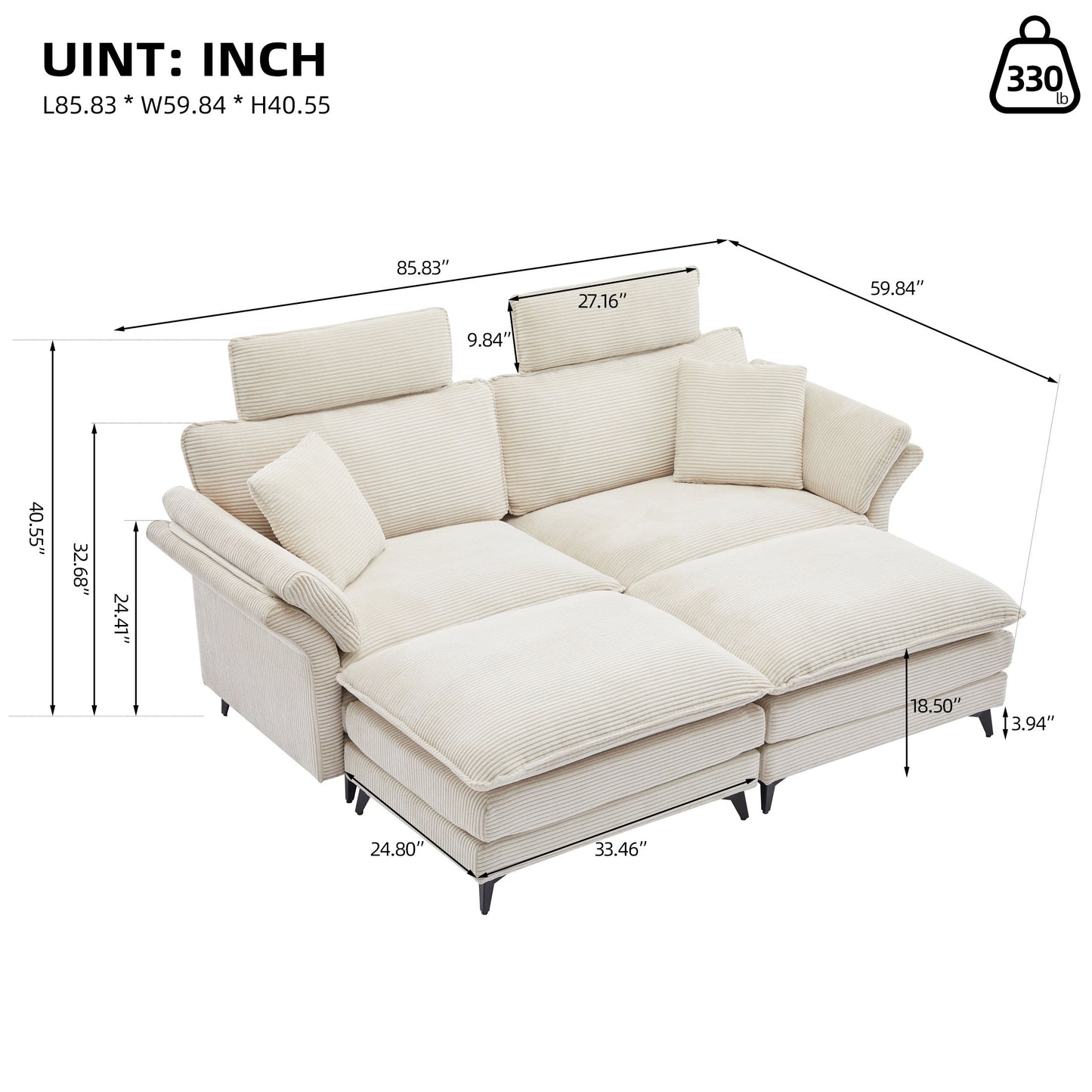 Modern Corduroy, Loveseat Sofa, Deep Seat Sectional Sofa With Ottomans Comfortable Cloud Sofa For Living Room, Apartment, Office, Couch - Beige
