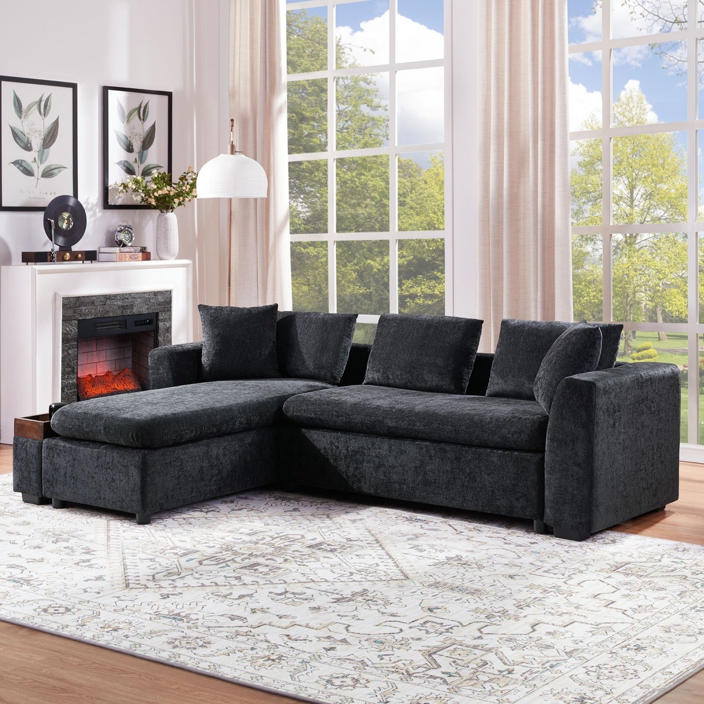Modern L Shaped Sectional Sofa With Chenille Upholstery And Wooden Storage - Black