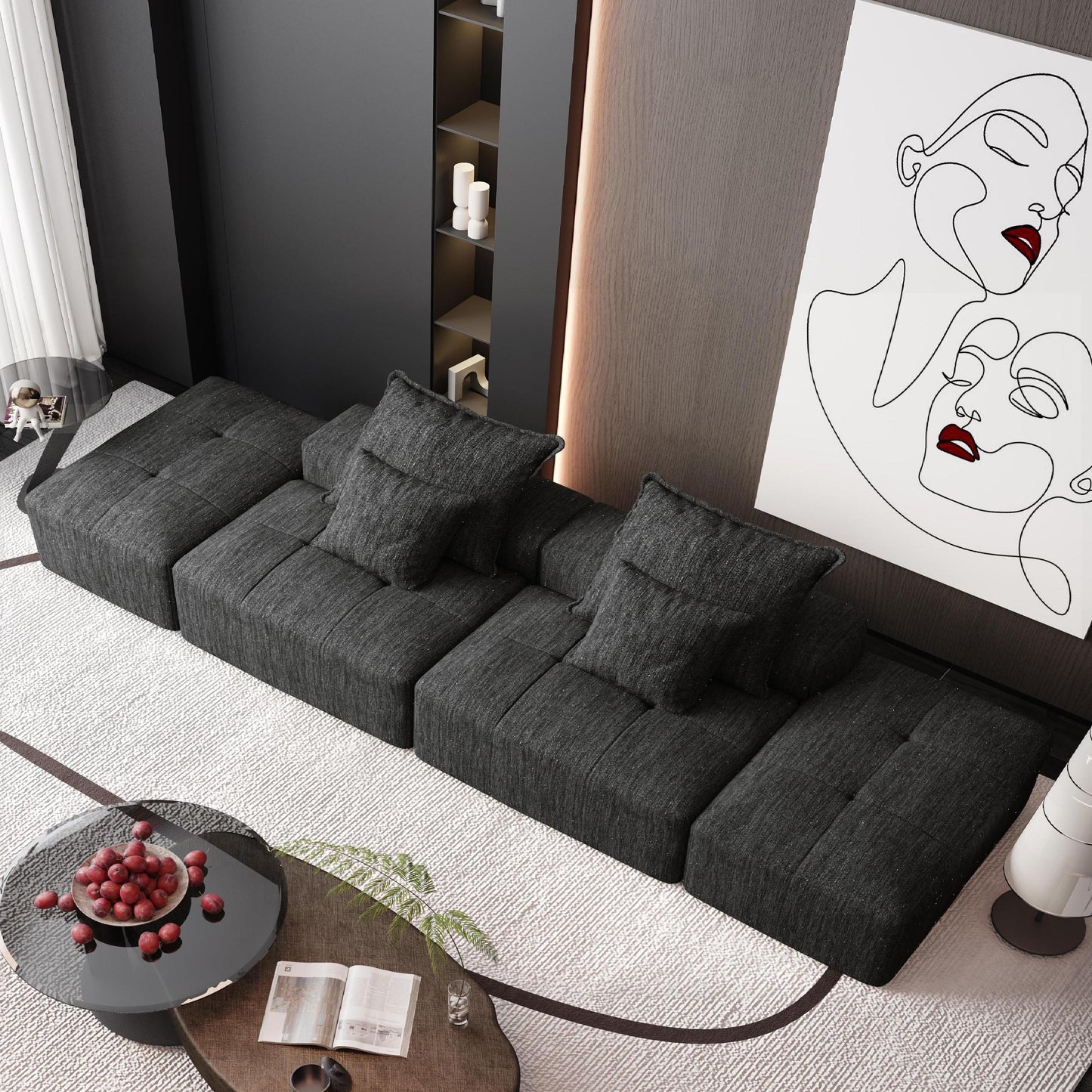 Modern Oversized Modular Sectional Sofa With 2 Ottoman And 2 Seat, Sparkling Chenille Fabric Soft Cushion Sofa With 4 Pillows, 4 Pieces Diy Combination Tufted Sofa, No Assembly Required - Black