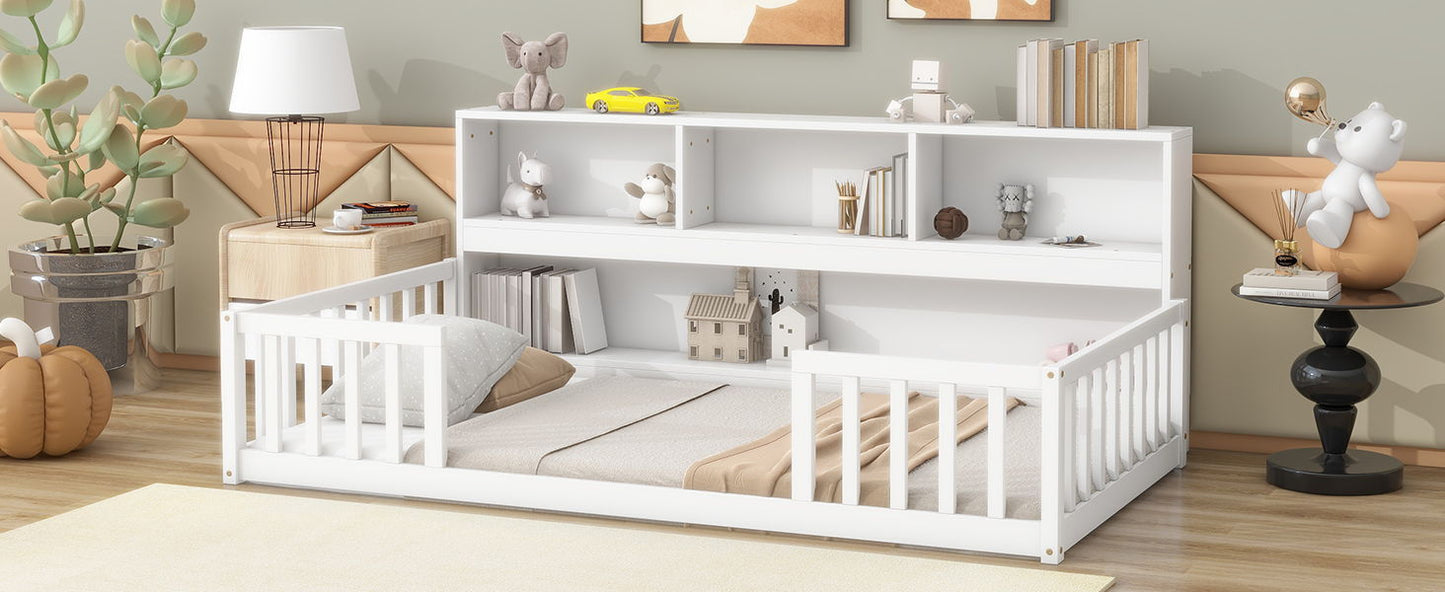 Twin Floor Bed With Bedside Bookcase, Shelves, Guardrails - White