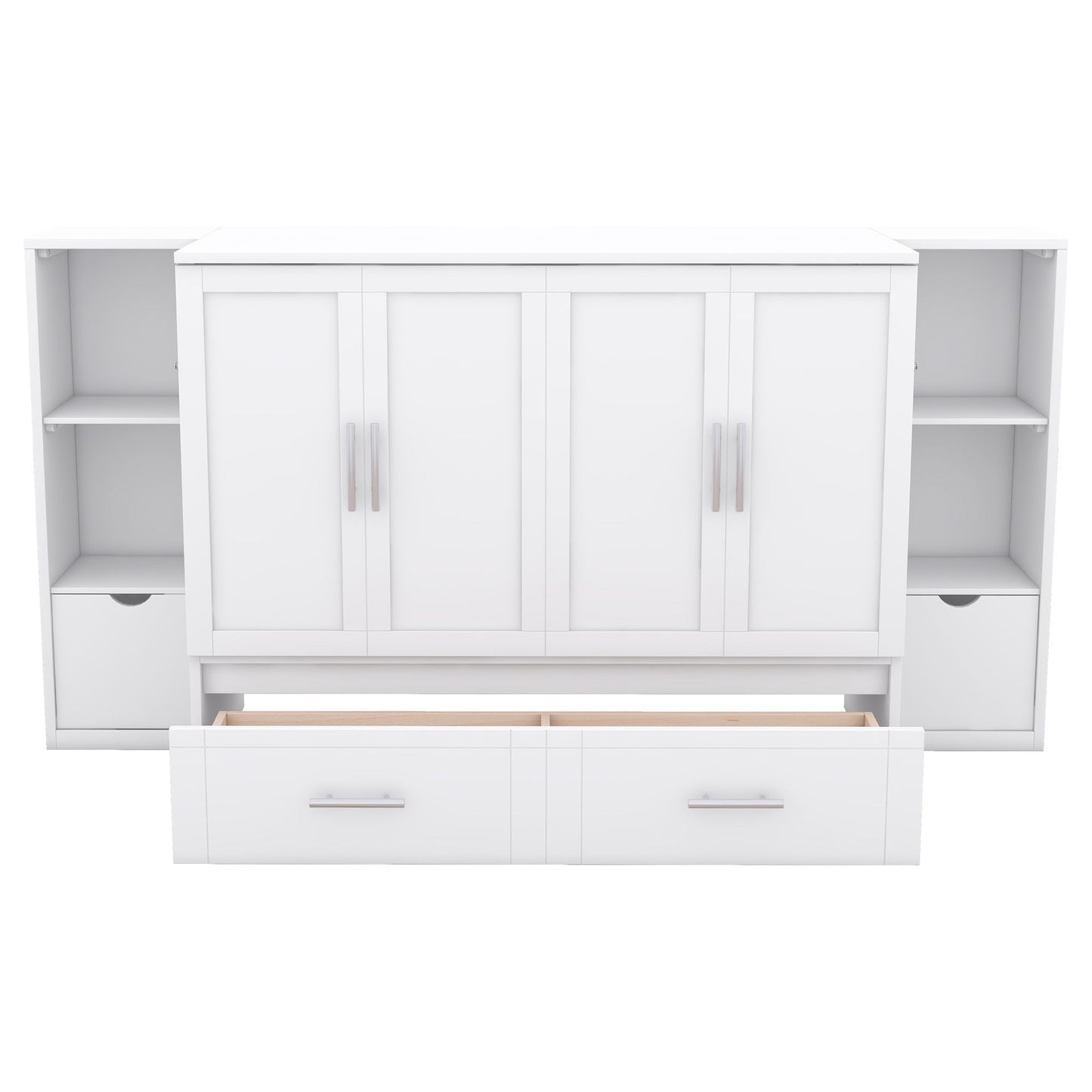 Full Size Murphy Bed With Shelves, Drawers And USB Ports - White