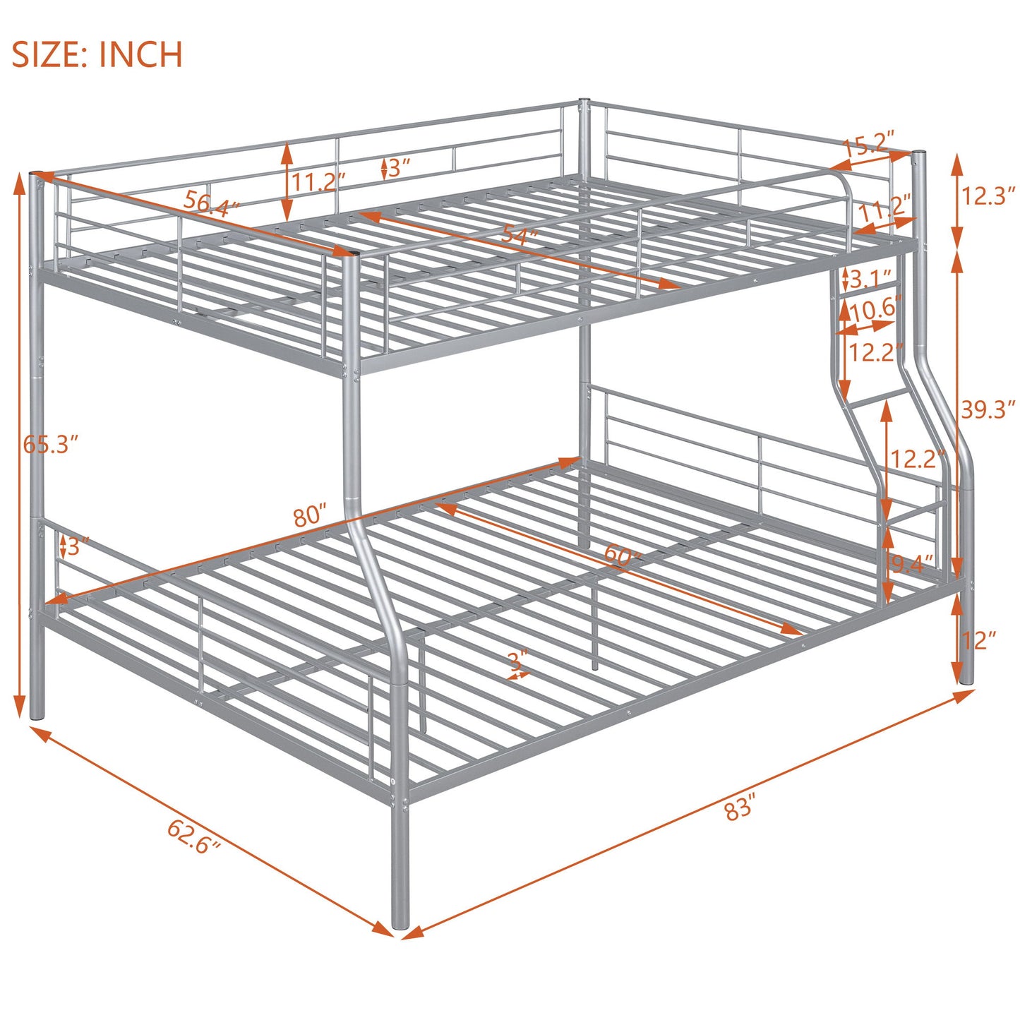 Full Long Over Queen Metal Bunk Bed - Sliver