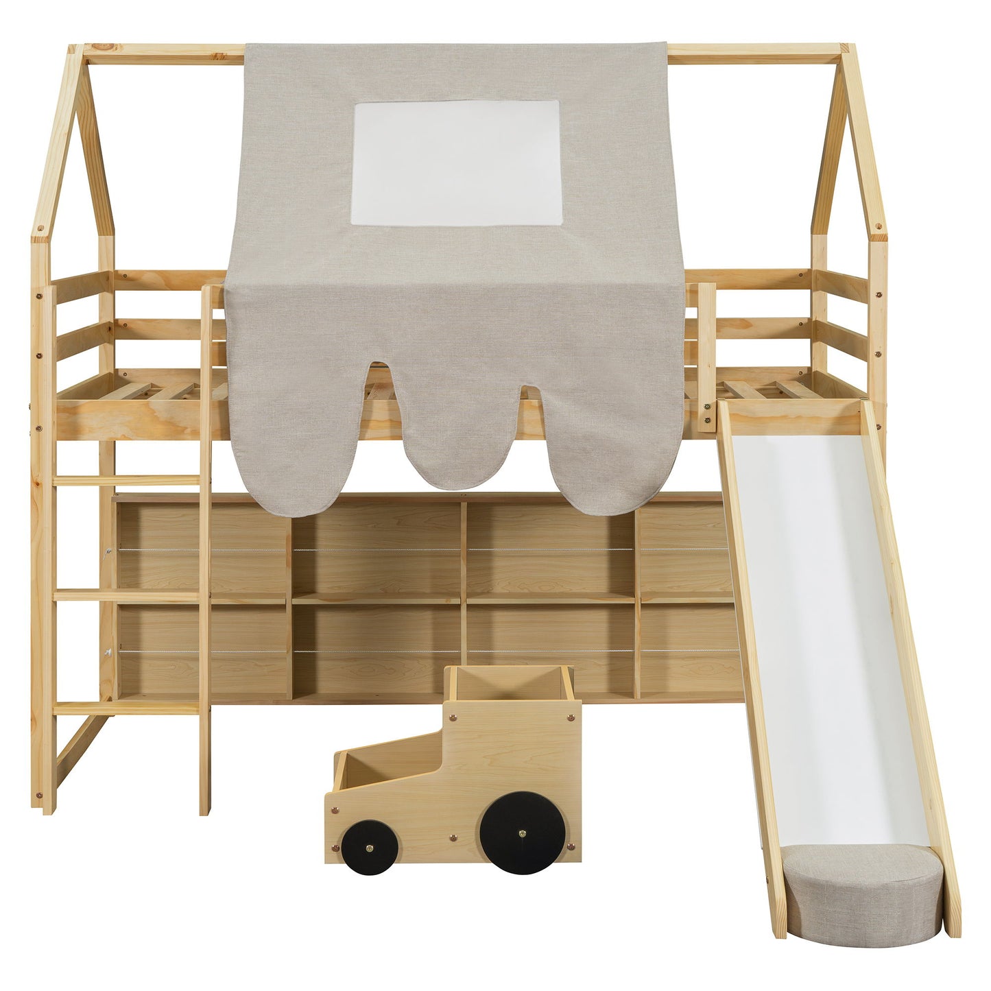Twin Size Loft Bed With House Shaped Frame And Tent - Natural / Beige