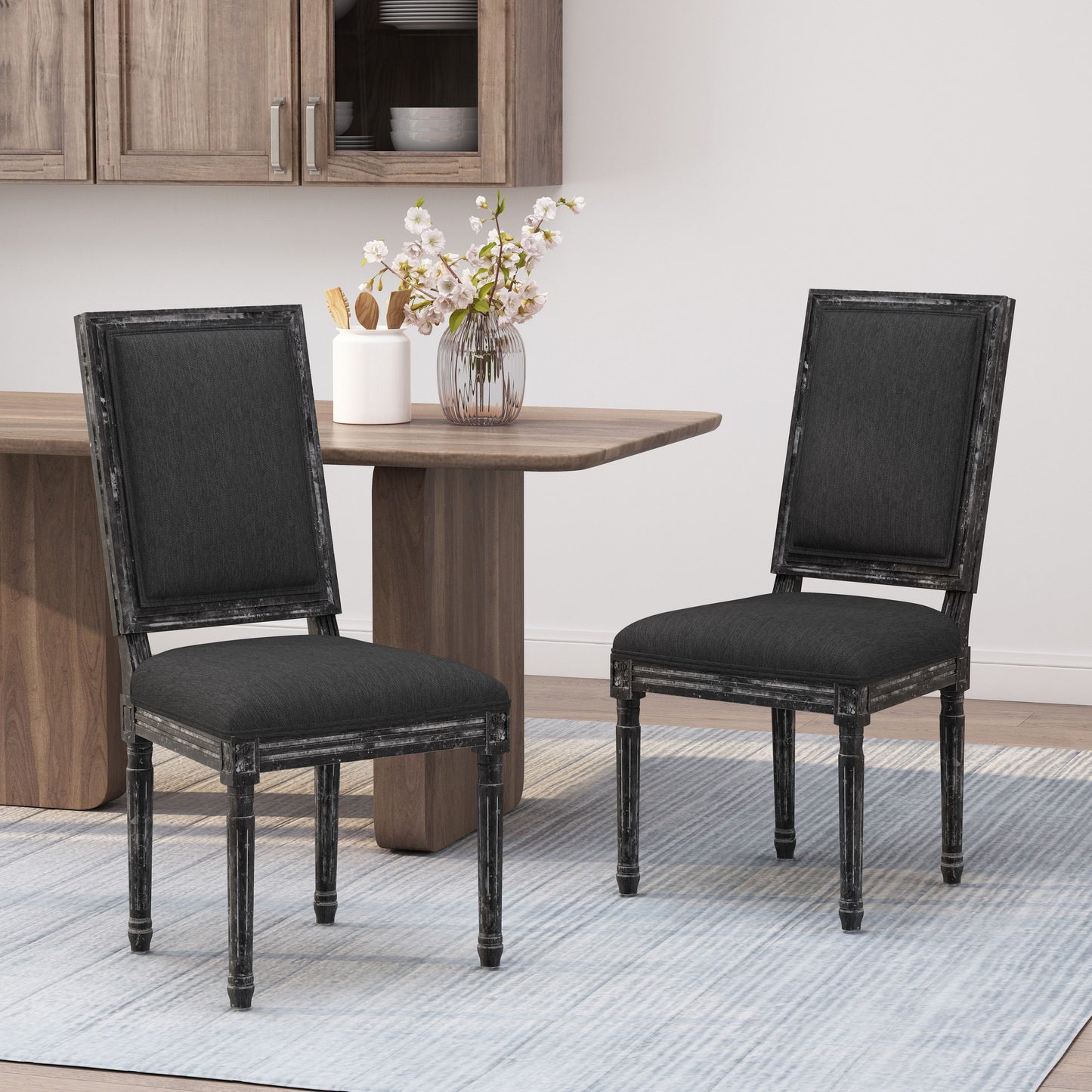 French Country Style Dining Chair Set With Upholstered Seating And Fluted Legs - Black