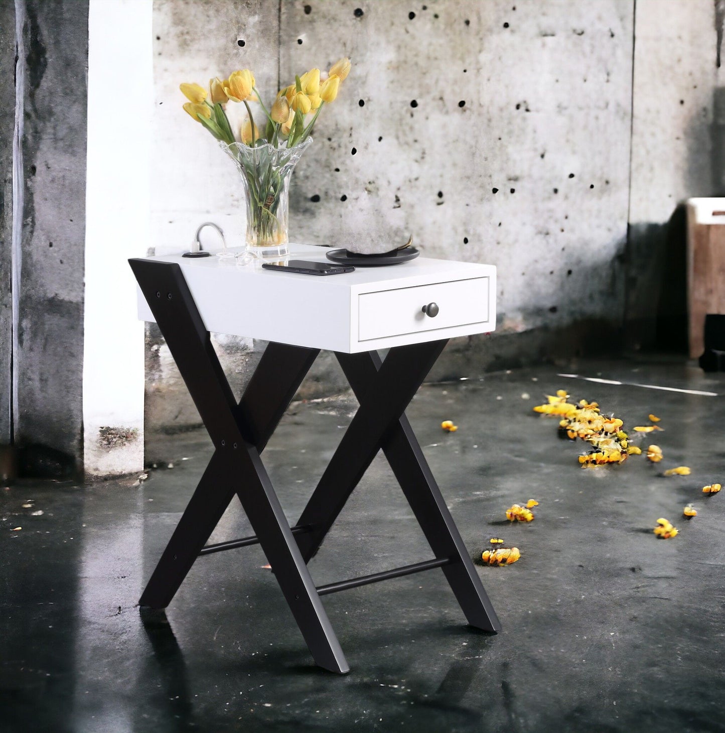 Fierce - Accent Table With Built - In USB Port - White / Black