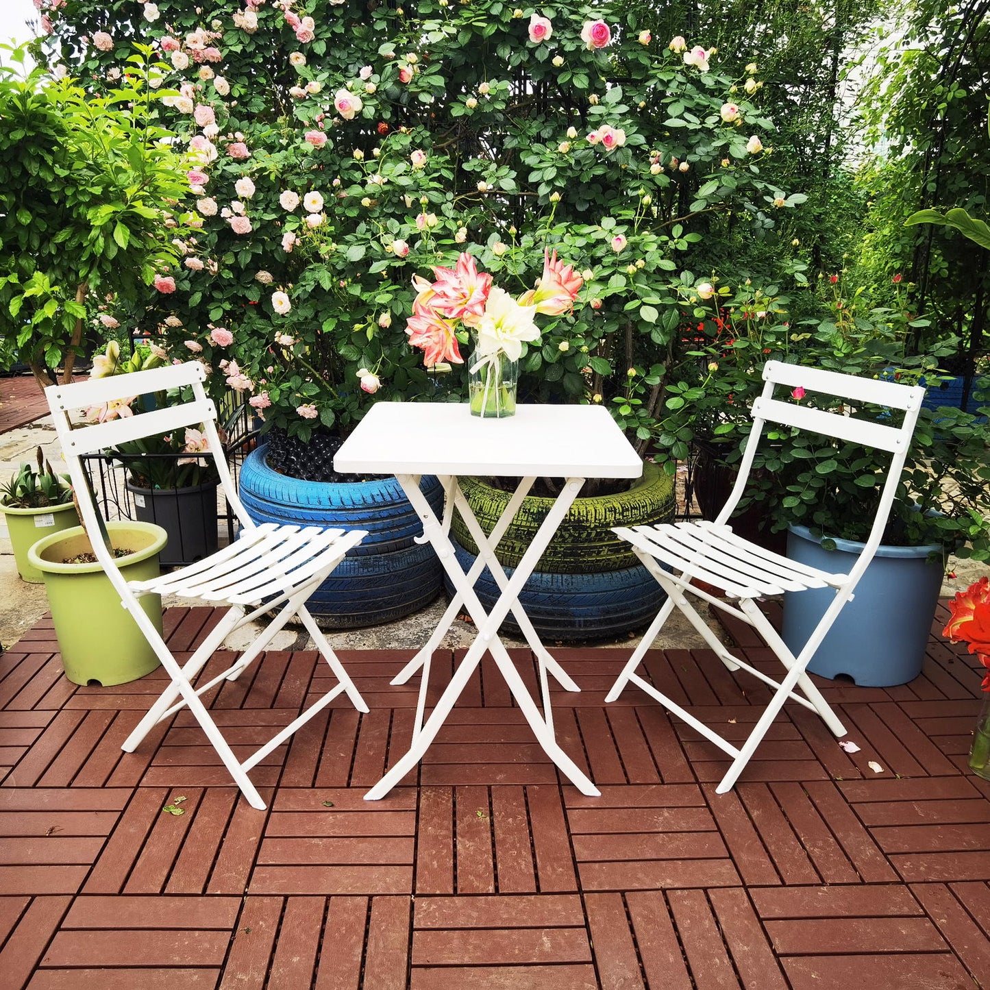 3 Piece Patio Bistro Set Of Foldable Square Table And Chairs - White