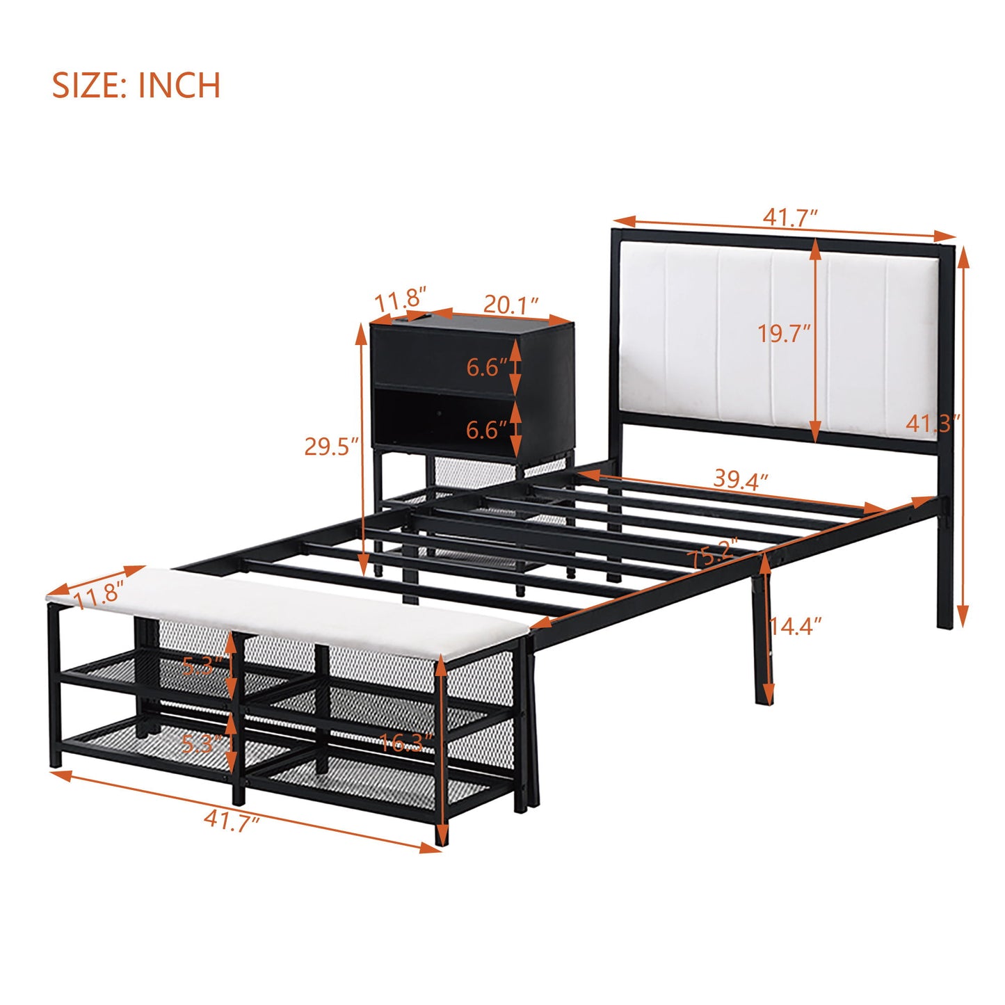 Twin Size Platform Bed With 2 Tier Storage Shelves, Storage Cabinet - Black