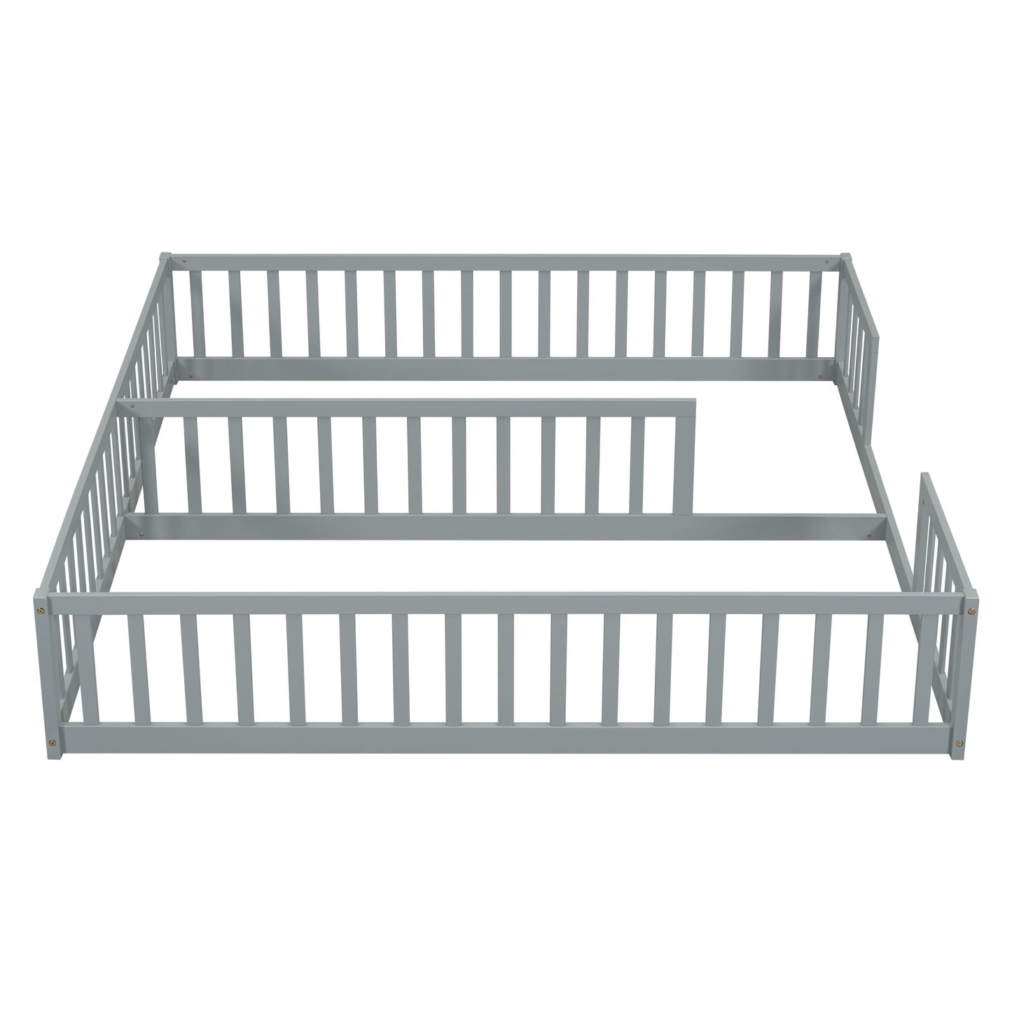 Double Twin Floor Bed With Fence, Guardrails, Without Door - Gray