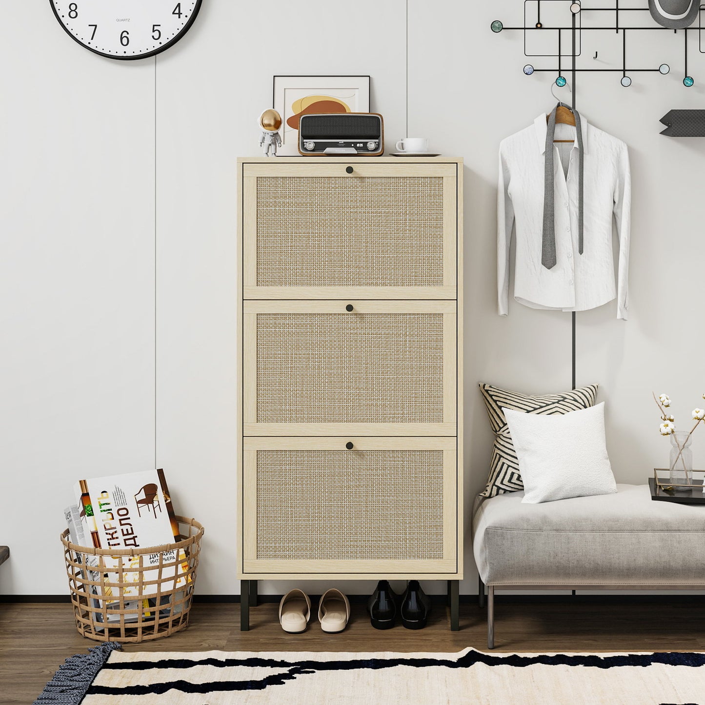 Modern Freestanding Rattan 3 Door Shoe Rack Storage Cabinet For Entryway - Natural Particle Board