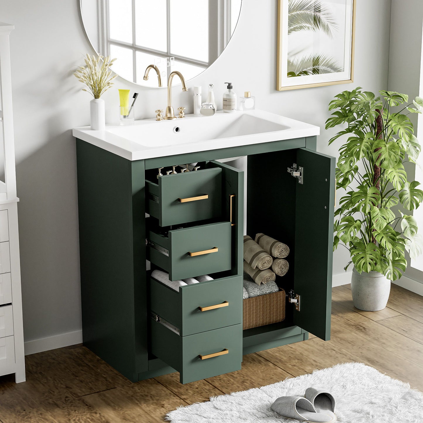 Bathroom Vanity With Ceramic Sink Combo, Frame Bathroom Storage Cabinet, Freestanding Vanity Set With 3 Drawers & Soft Closing Doors - Green
