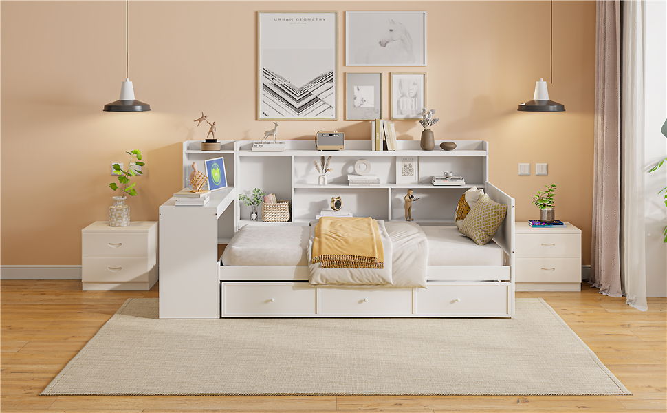 Twin Size Daybed With 3 Drawers USB Ports And Desk - White