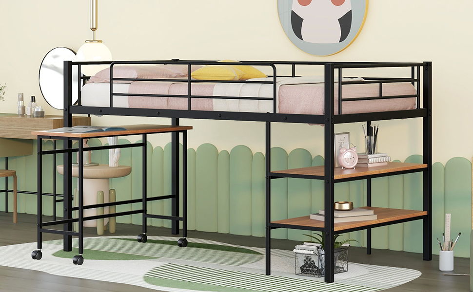 Twin Size Loft Bed With Desk And Shelves - Black