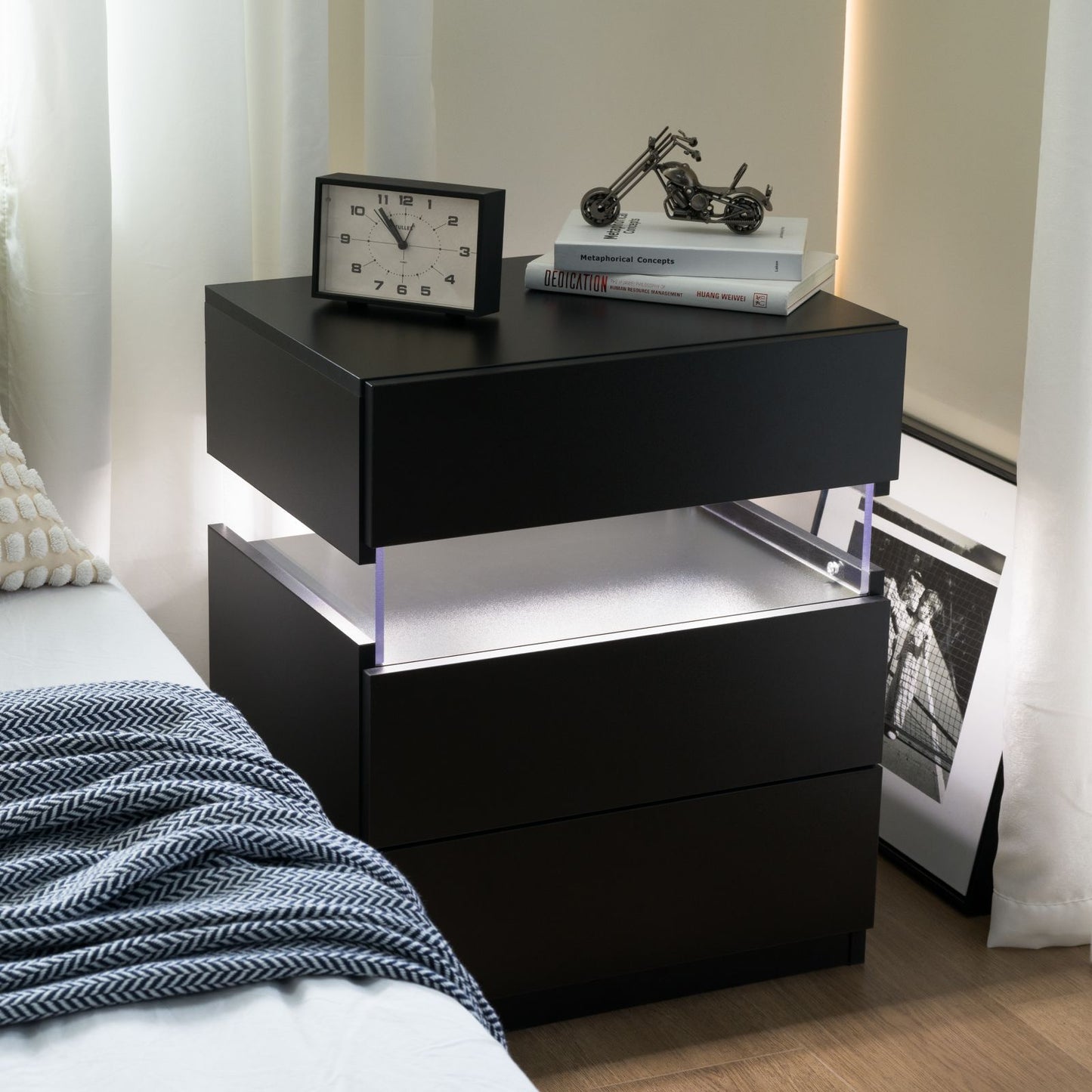Led Nightstands 3 Drawer Dresser For Bedroom End Table With Acrylic Board LED Bedside Tables For Bedroom Living Room Bedside Furniture - Black