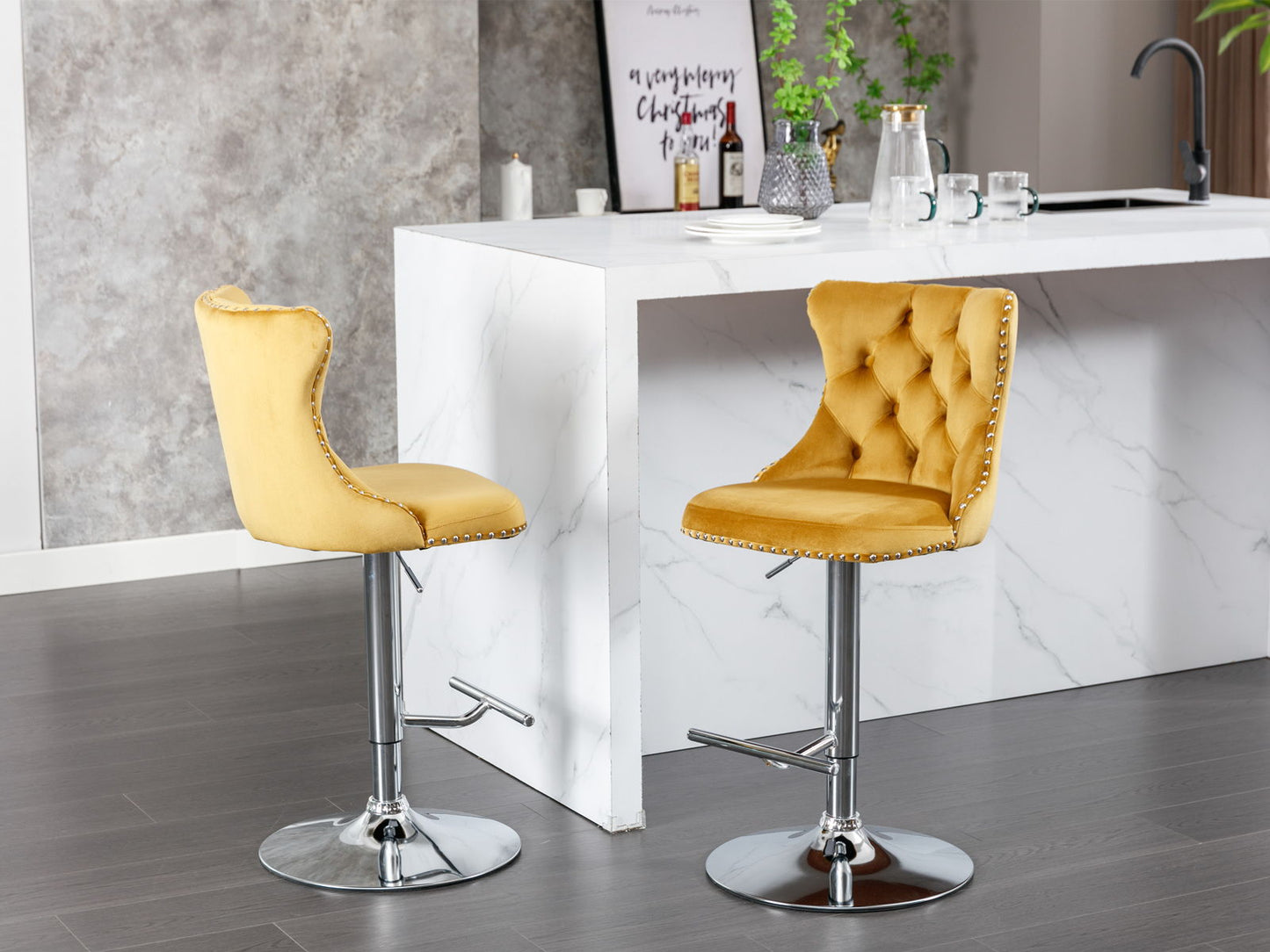 Swivel Velvet Barstools Adjusatble Seat Height From 25-33", Modern Upholstered Chrome Base Bar Stools With Backs Comfortable Tufted For Home Pub And Kitchen Island (Set of 2) - Gold